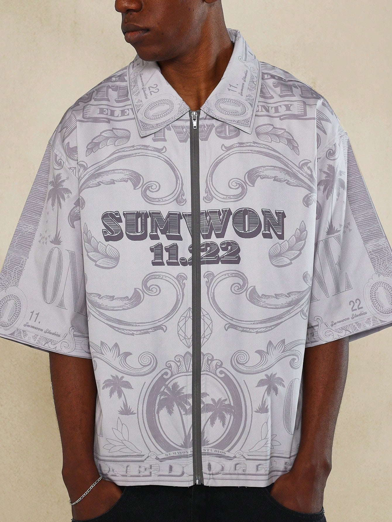 Boxy Fit Zip Nylon Shirt With All Over Print