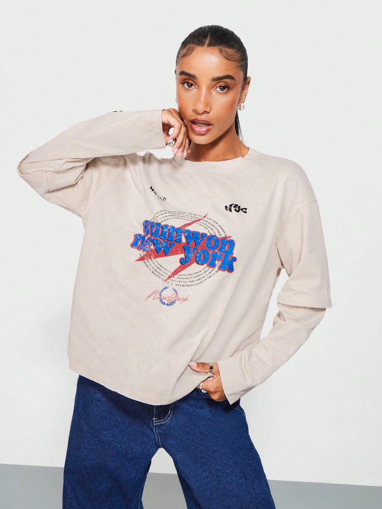 SUMWON WOMEN Double Layer Long Sleeve Tee With New York Graphic Print