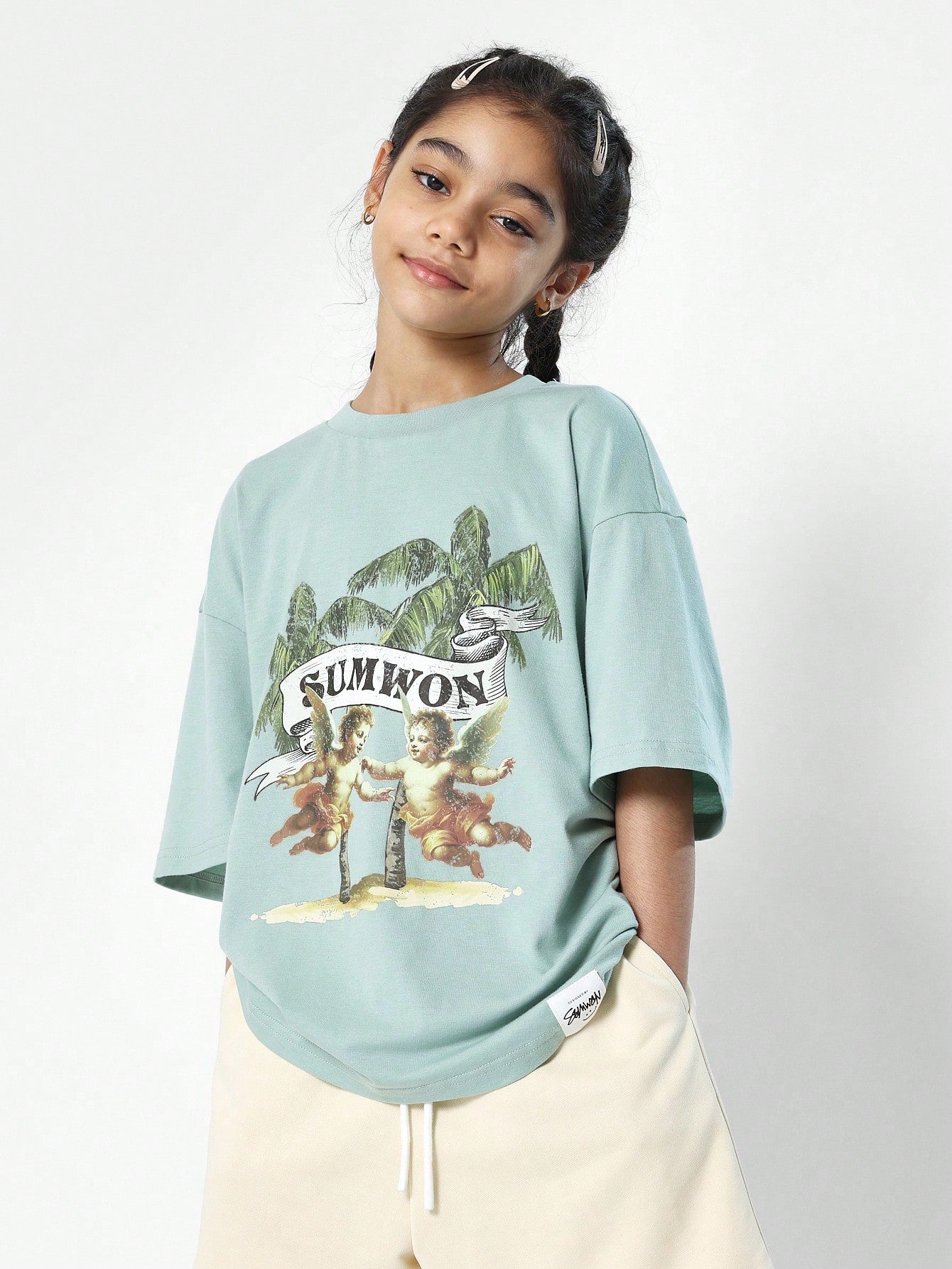 Tween Girls Oversized Fit Tee With Tree & Angels Graphic Print