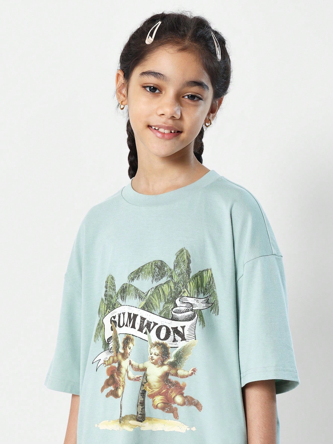 Tween Girls Oversized Fit Tee With Tree & Angels Graphic Print