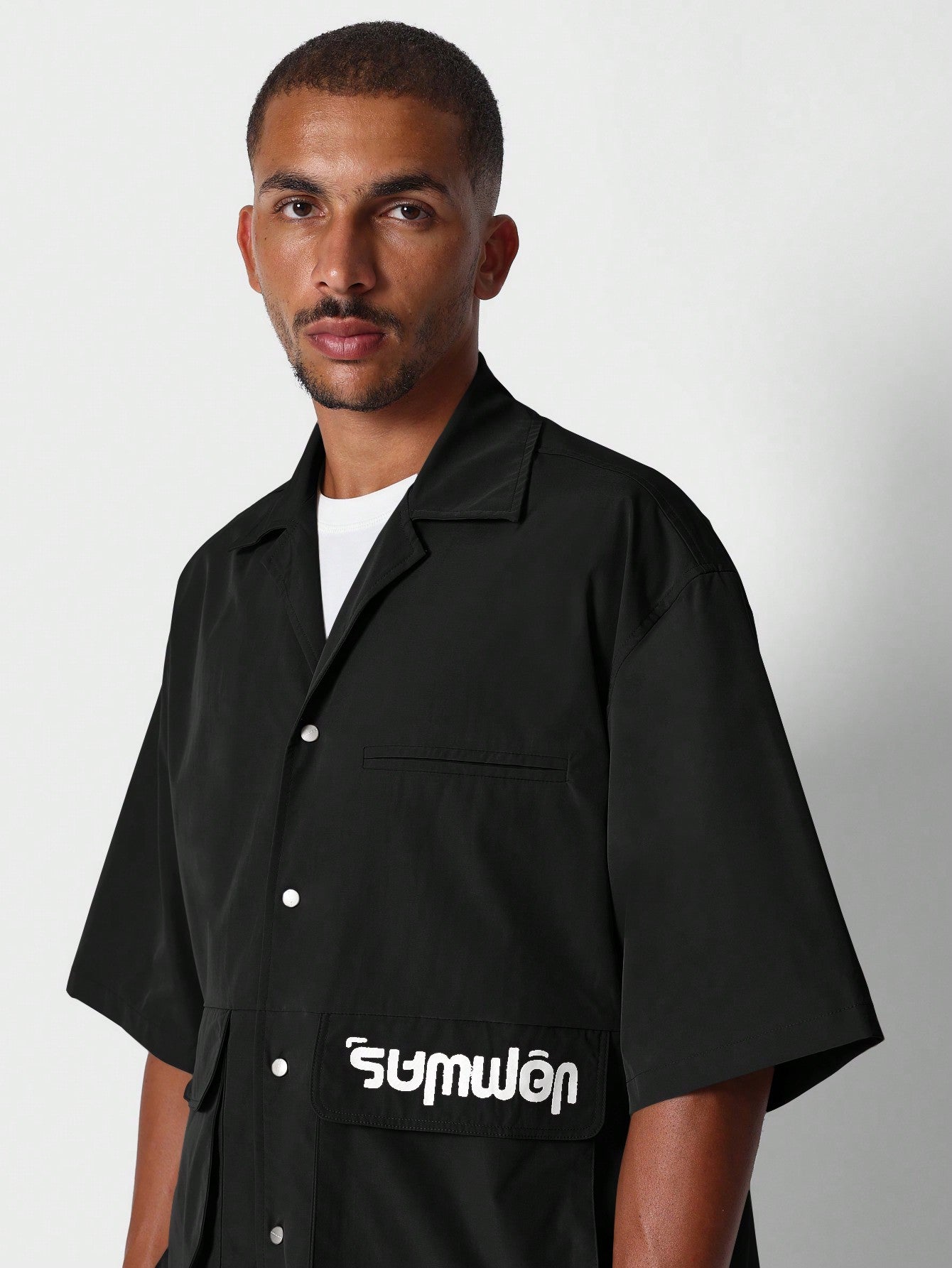 Boxy Fit Nylon Utility Shirt With Letter Graphic Print