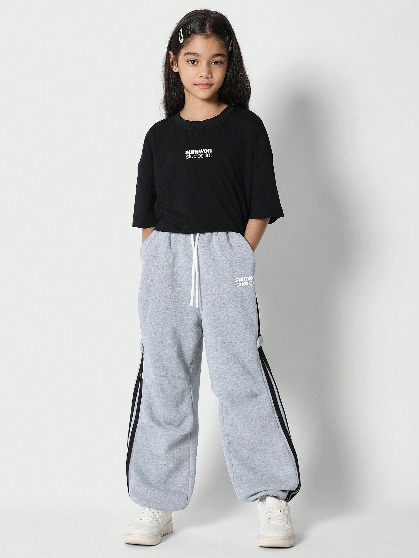 Tween Girls Crop Fit Tee With Front Graphic And Jogger With Stripe Detail 2 Piece Set