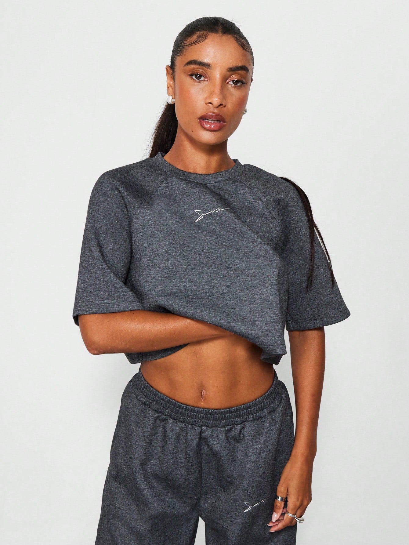 SUMWON WOMEN Neoprene Crop Fit Tee And Wide Leg Sweat Pant 2 Piece Set