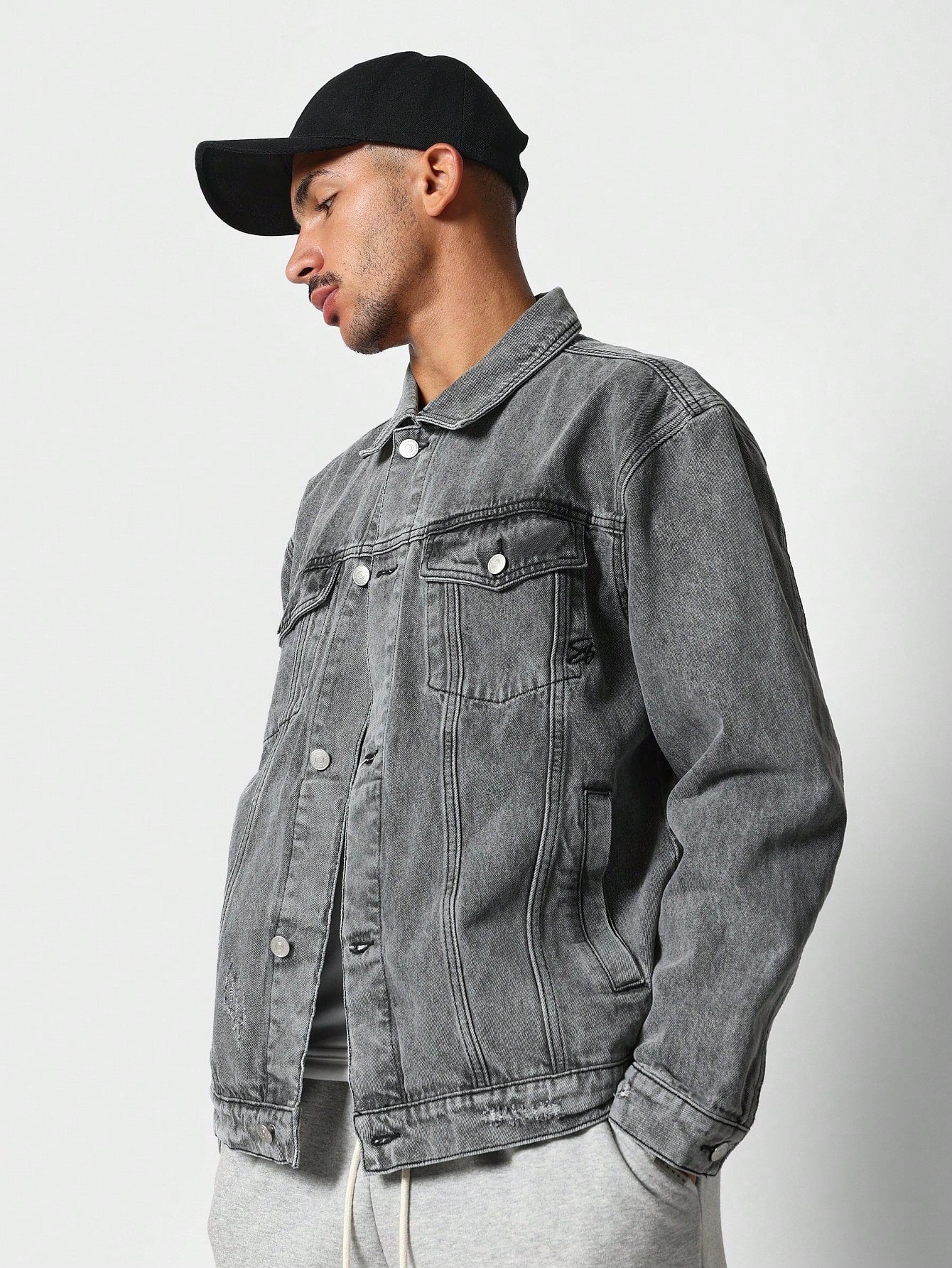 Washed Denim Trucker Jacket With Number 4 Graphic Print