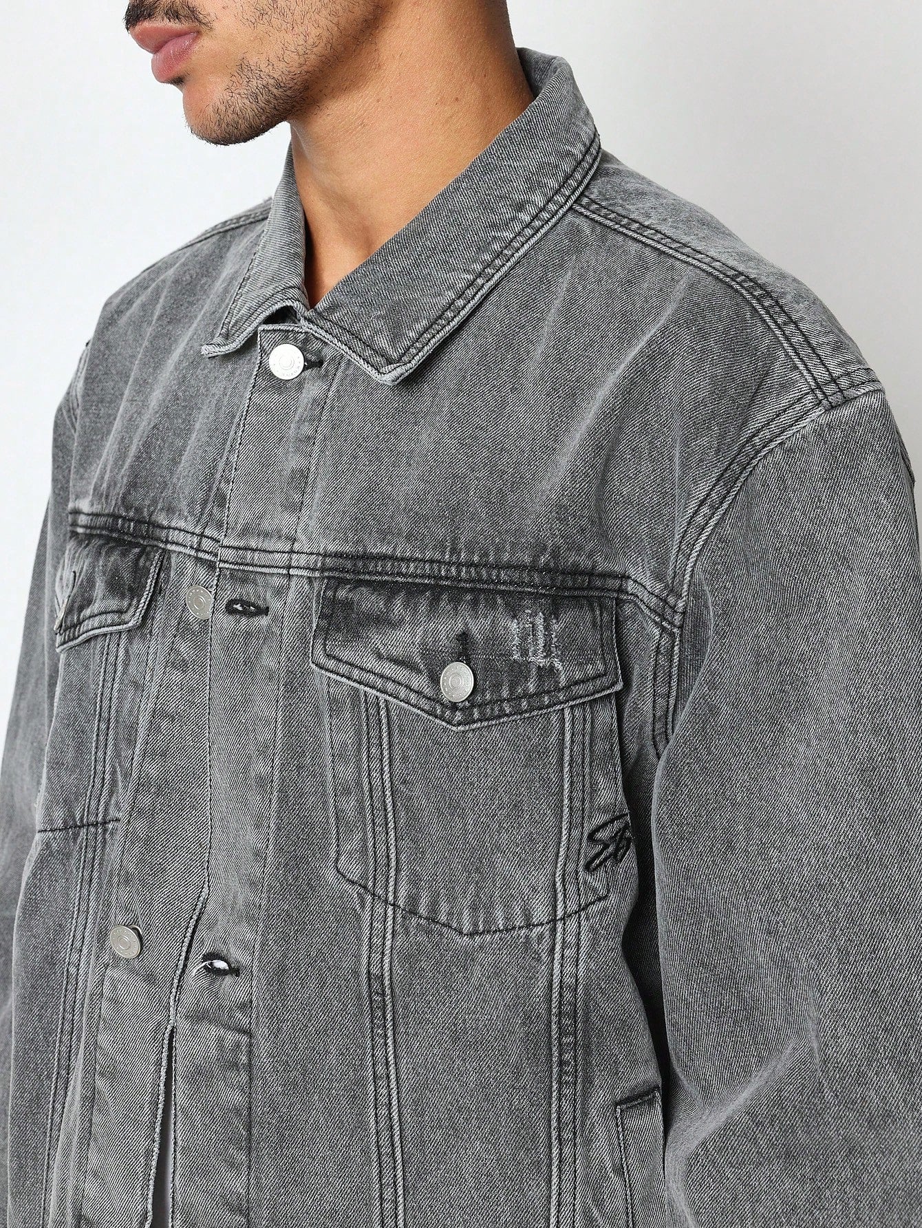 Washed Denim Trucker Jacket With Number 4 Graphic Print