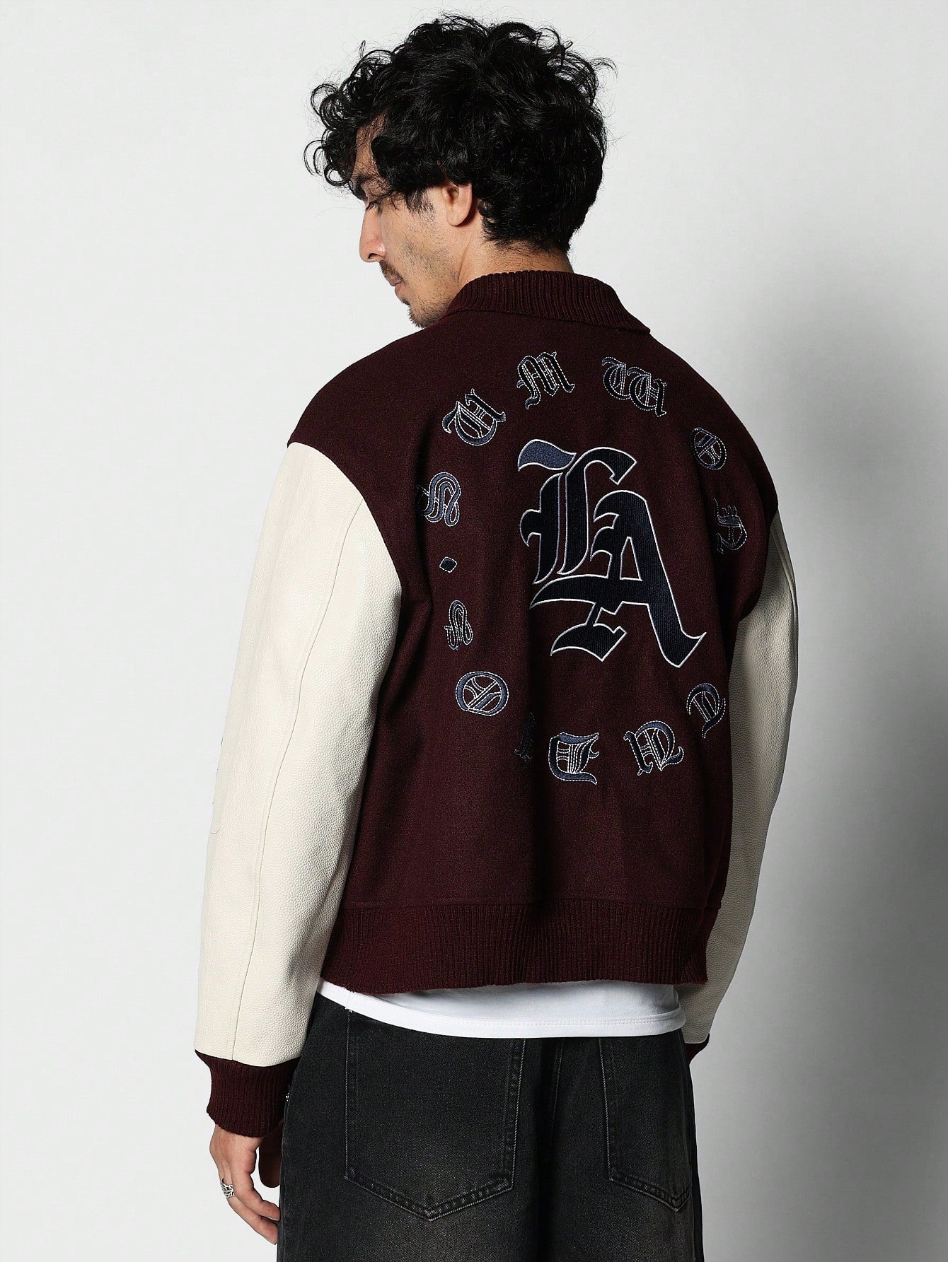 Varsity Jacket With PU Sleeve And Embroidered Applique Print