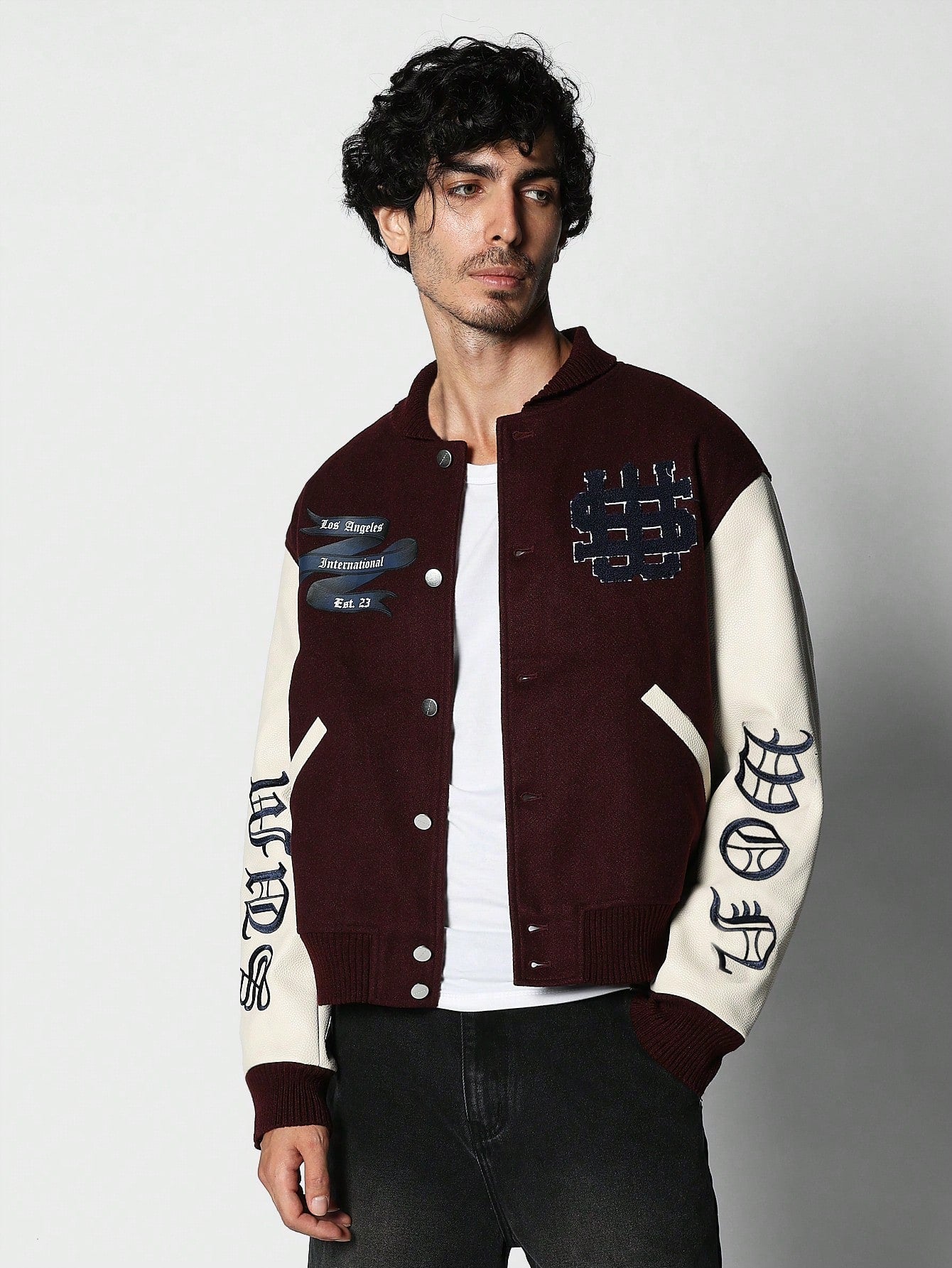 Varsity Jacket With PU Sleeve And Embroidered Applique Print