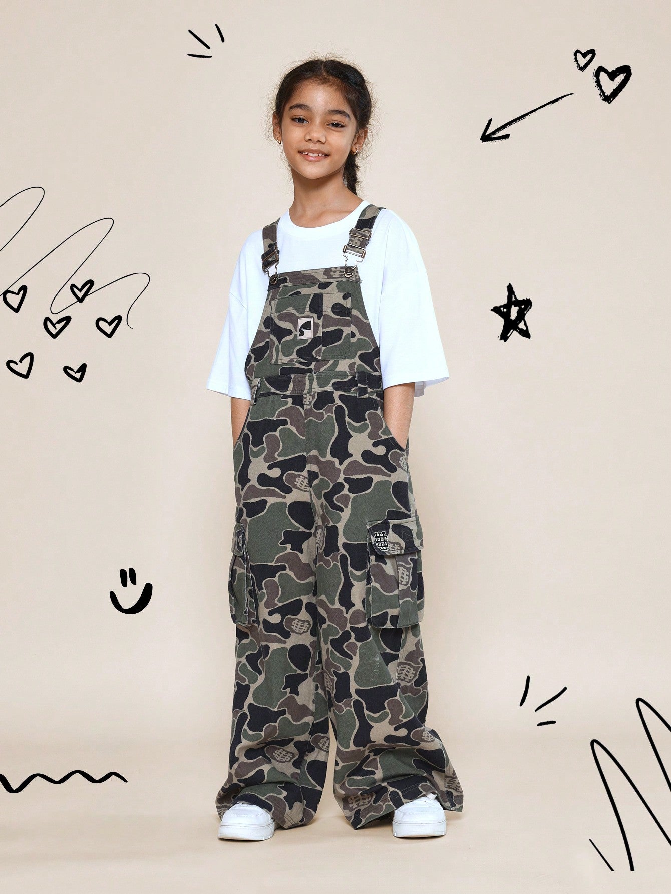 Tween Girls Dungaree With All Over Camo Print