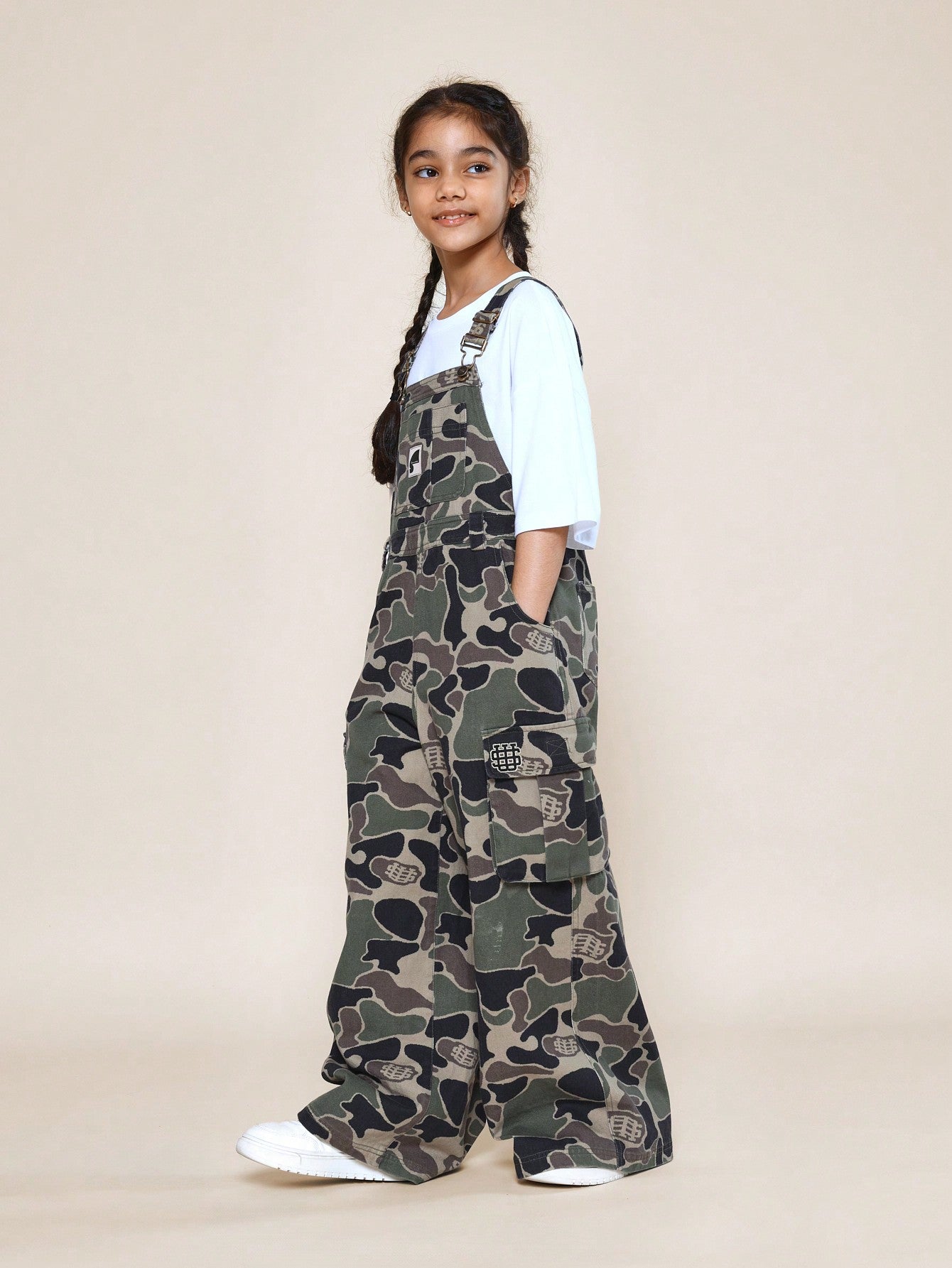 Tween Girls Dungaree With All Over Camo Print