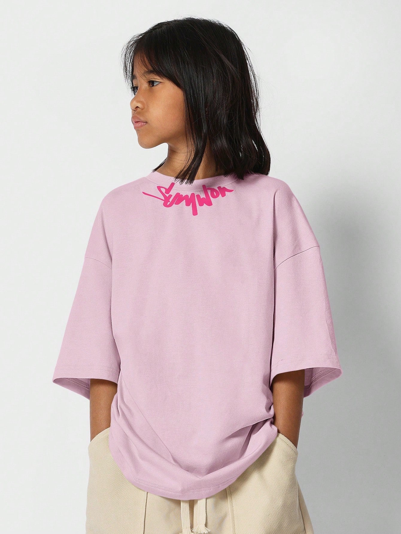 Tween Girls Oversized Fit Tee With Collar Print