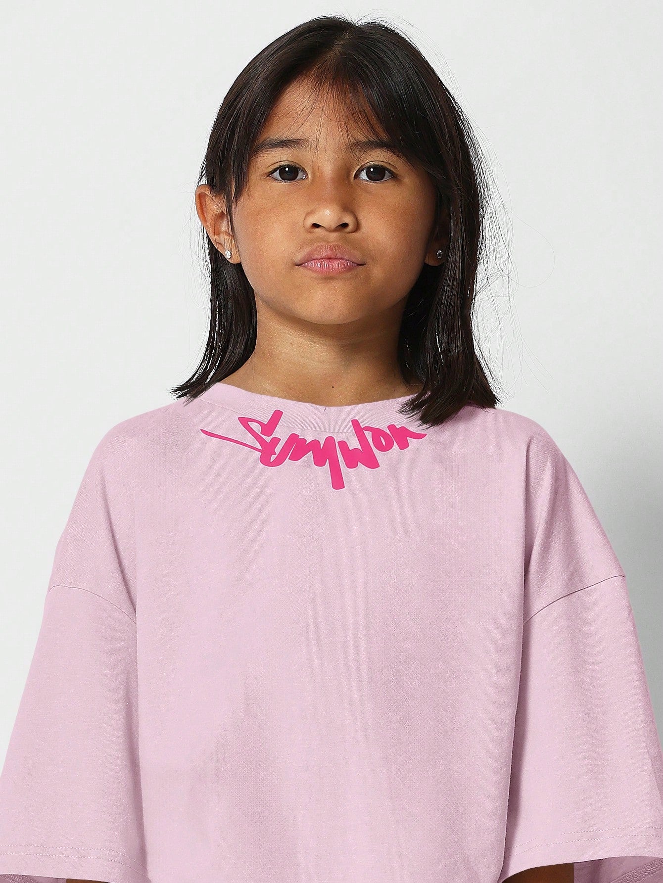 Tween Girls Oversized Fit Tee With Collar Print