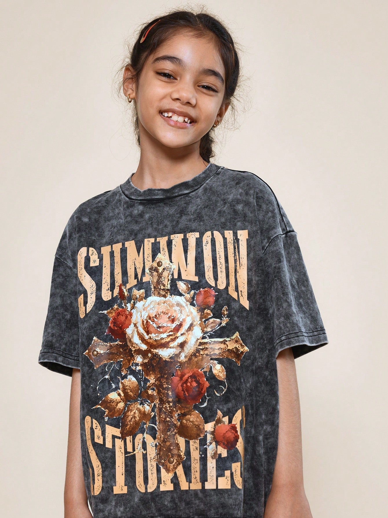 Tween Girls Oversized Fit Washed Tee With Front Graphic