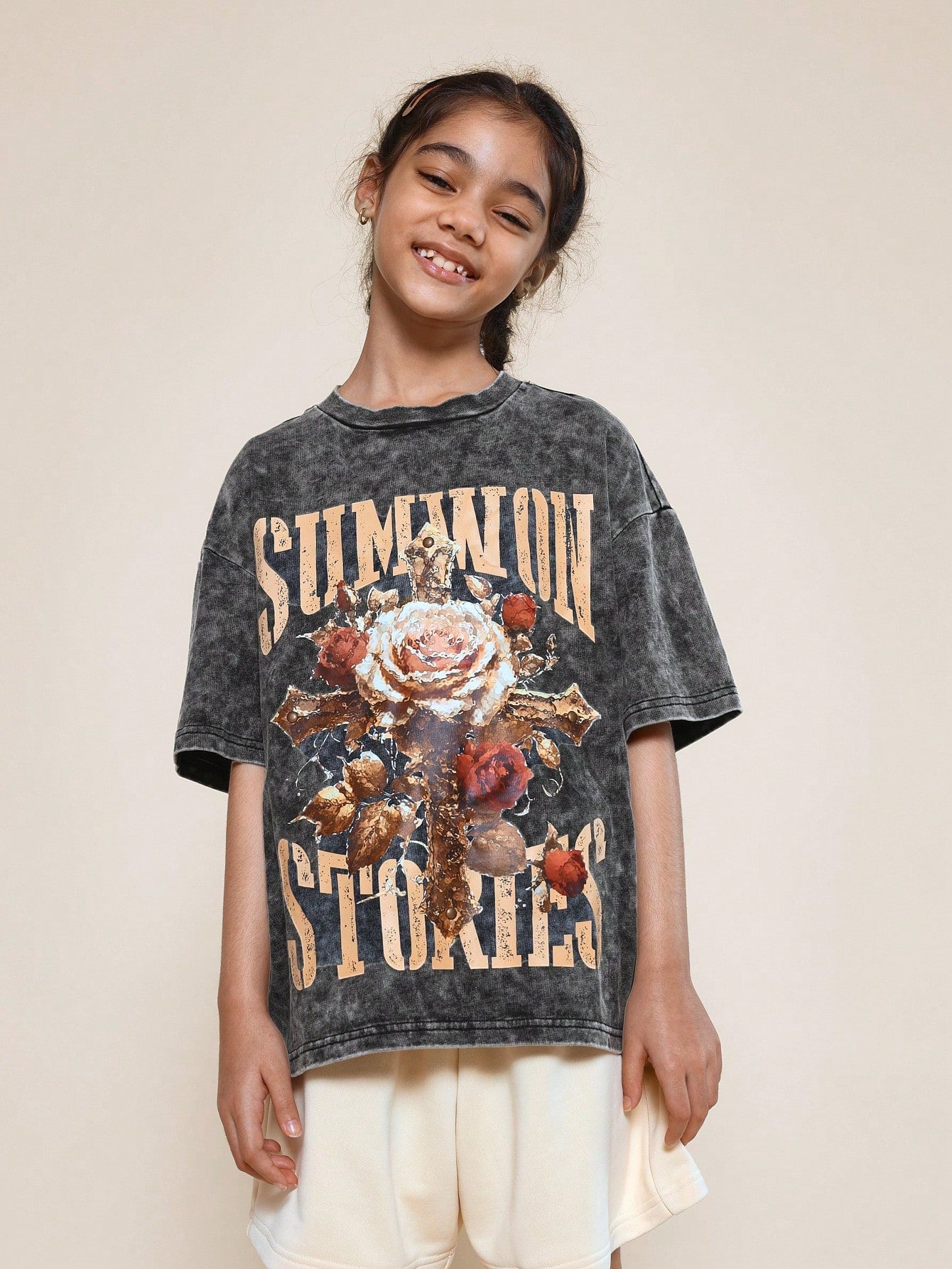 Tween Girls Oversized Fit Washed Tee With Front Graphic