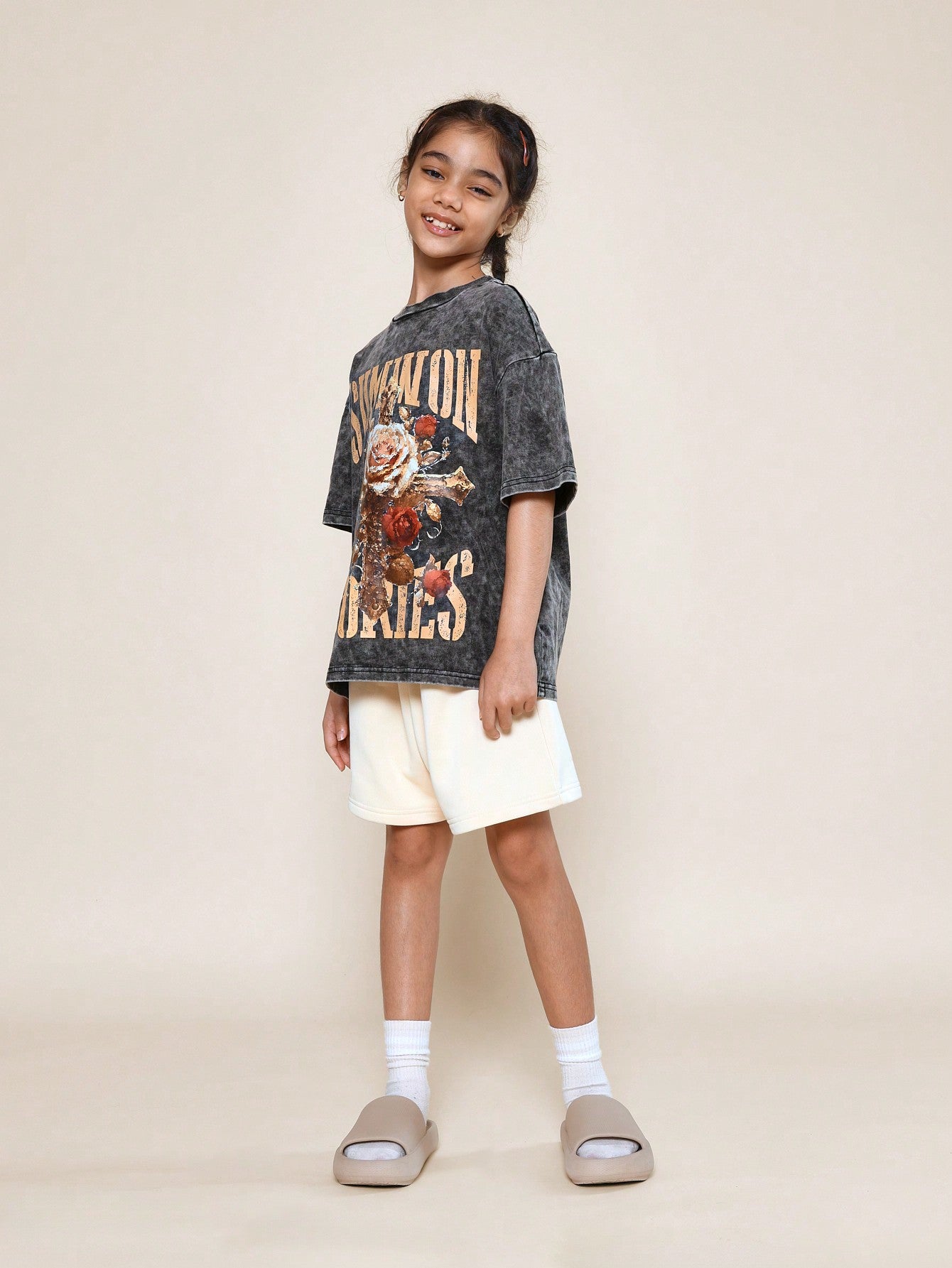 Tween Girls Oversized Fit Washed Tee With Front Graphic