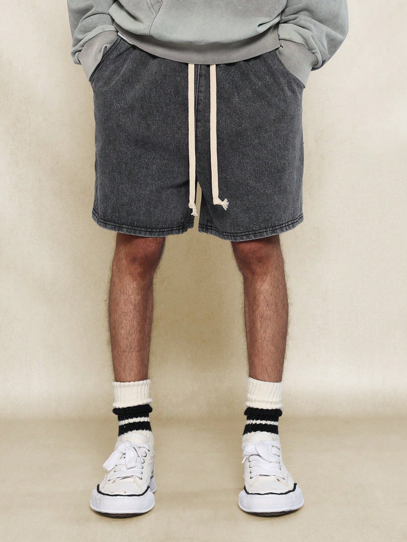 Washed Denim Drop Crotch Short With Contrast Drawstring