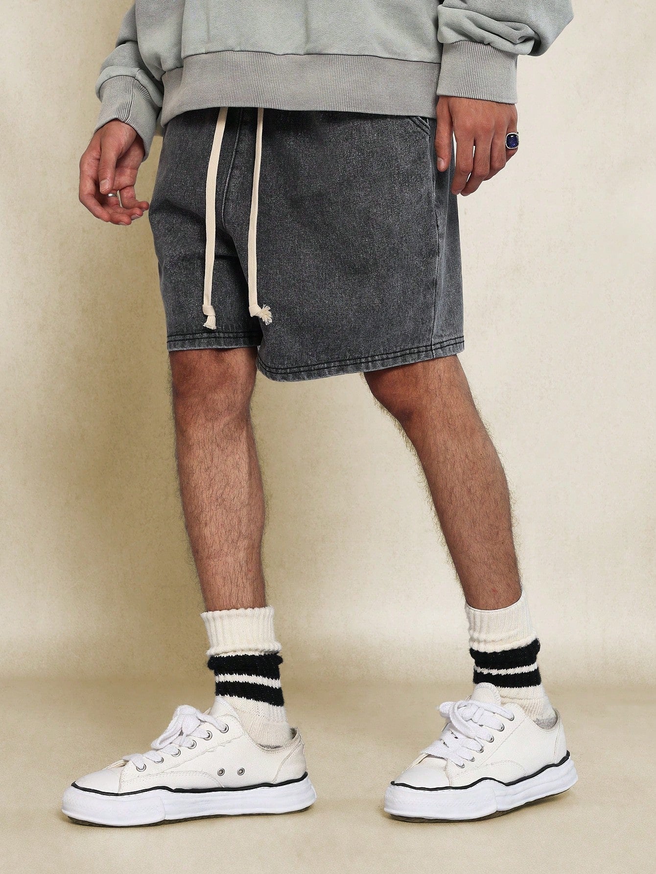 Washed Denim Drop Crotch Short With Contrast Drawstring