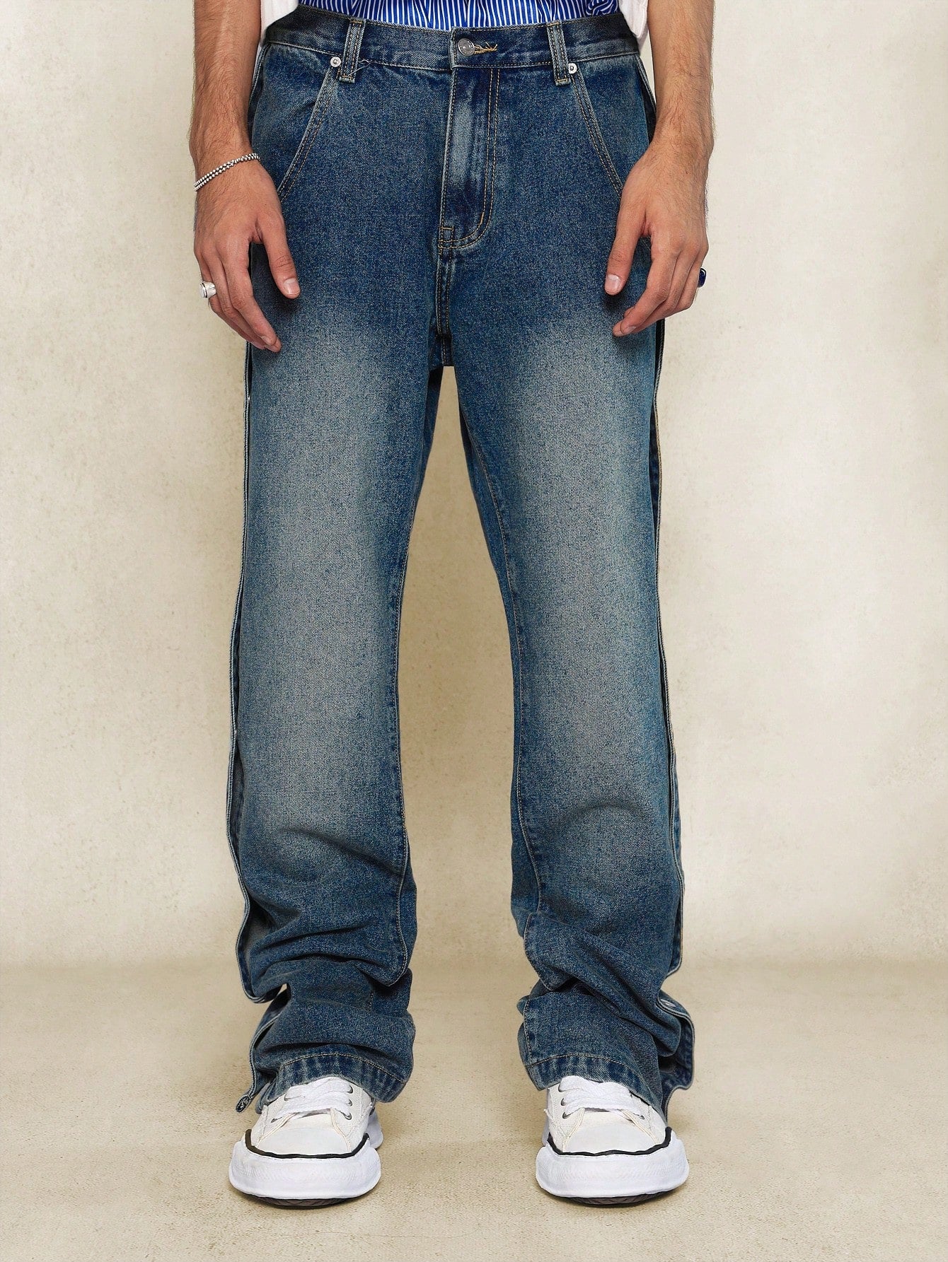 Straight Fit Snap Button Side Split Denim Jean