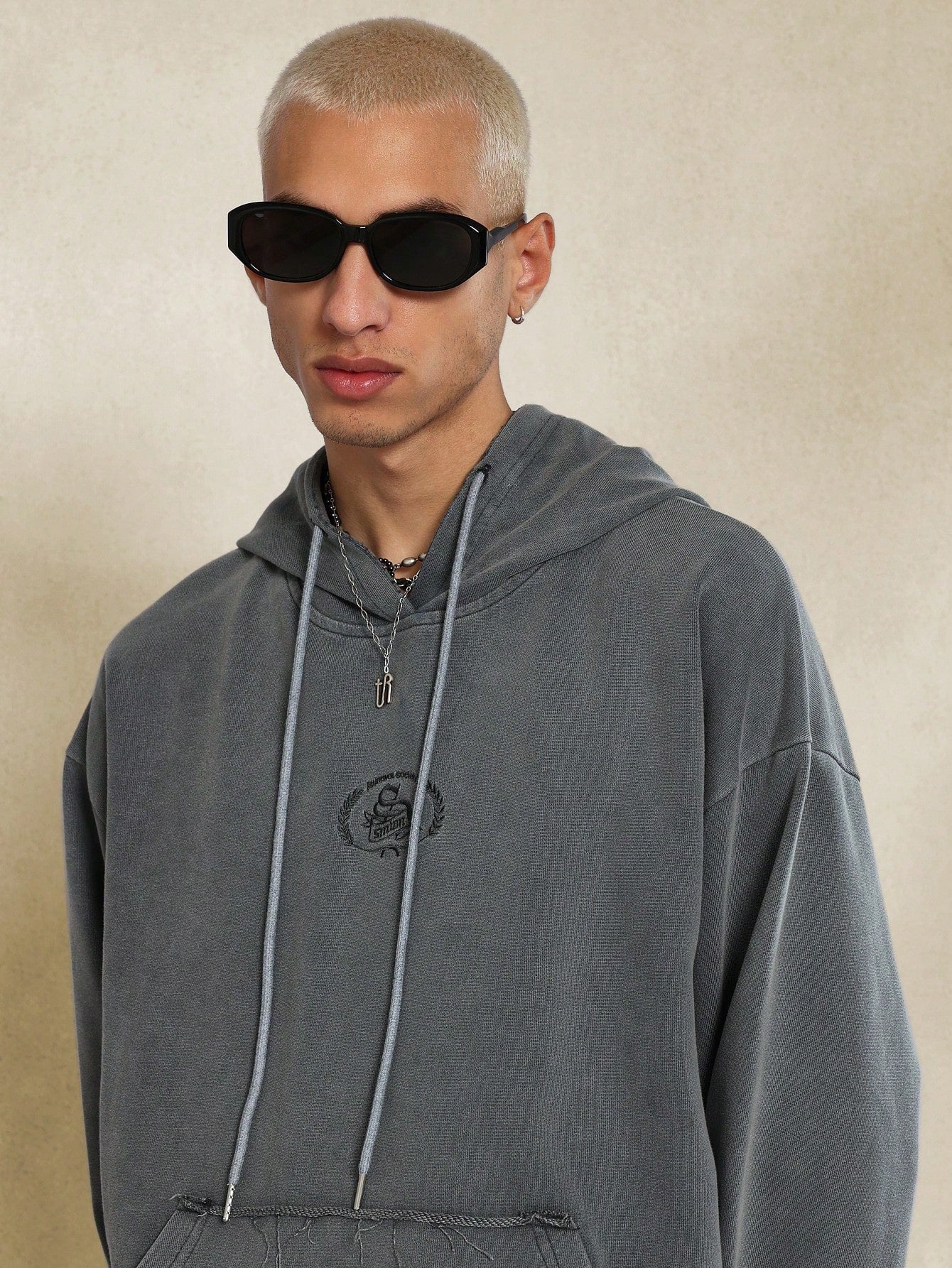 Washed Oversized Cropped Hoodie With Raw Edge And Tear Detail