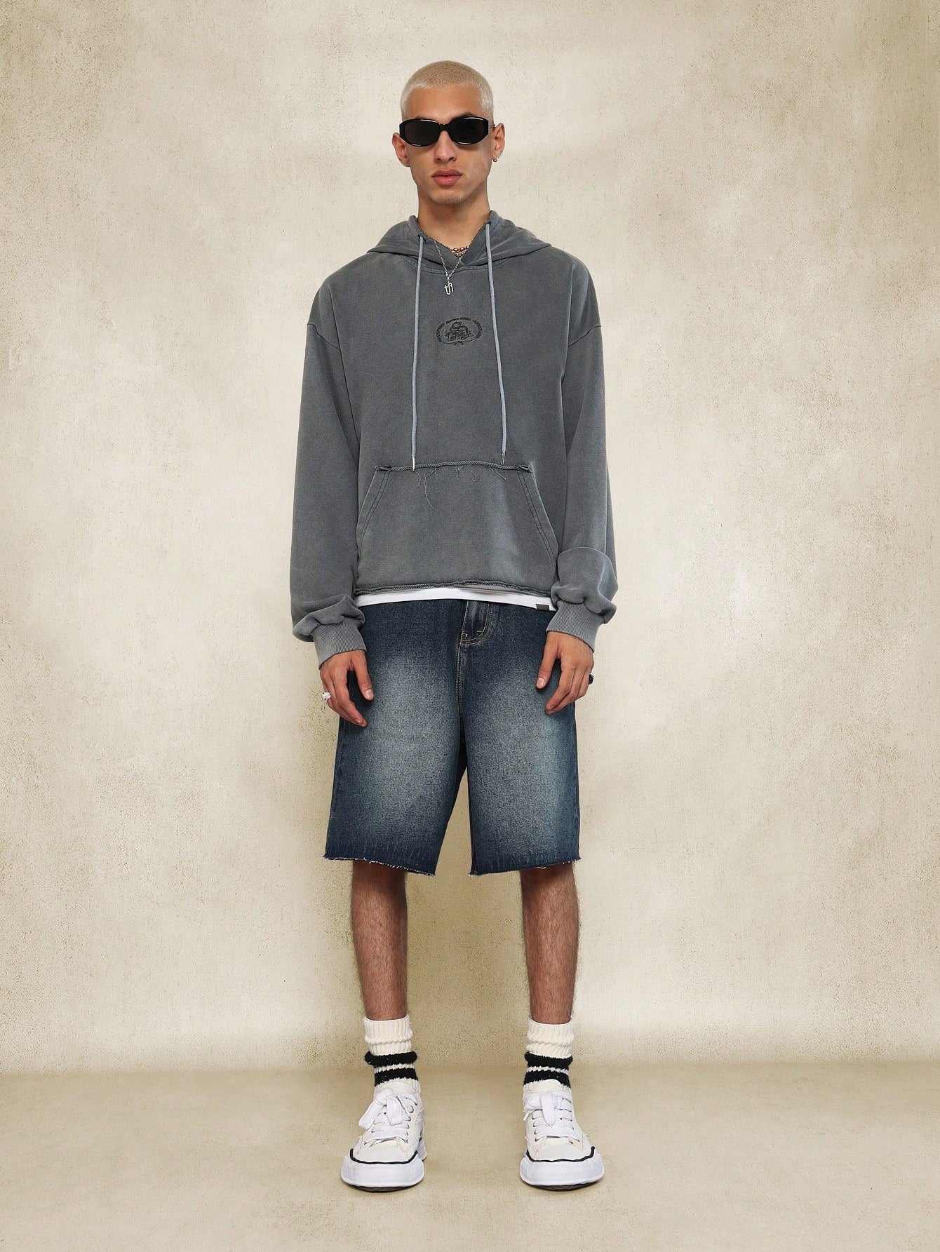 Washed Oversized Cropped Hoodie With Raw Edge And Tear Detail