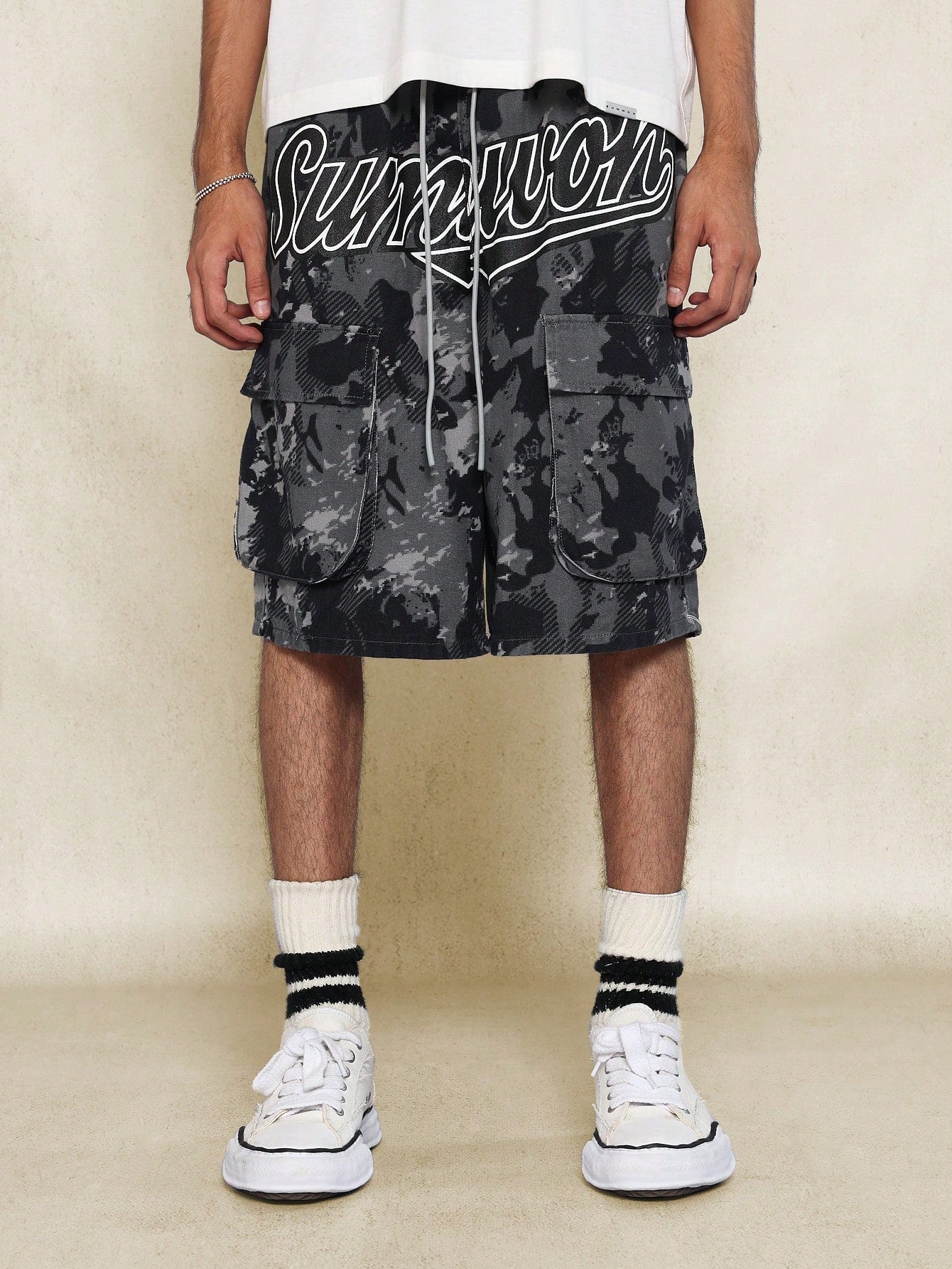 Drop Crotch Camouflage Cargo Jort With Graffiti Graphic Print