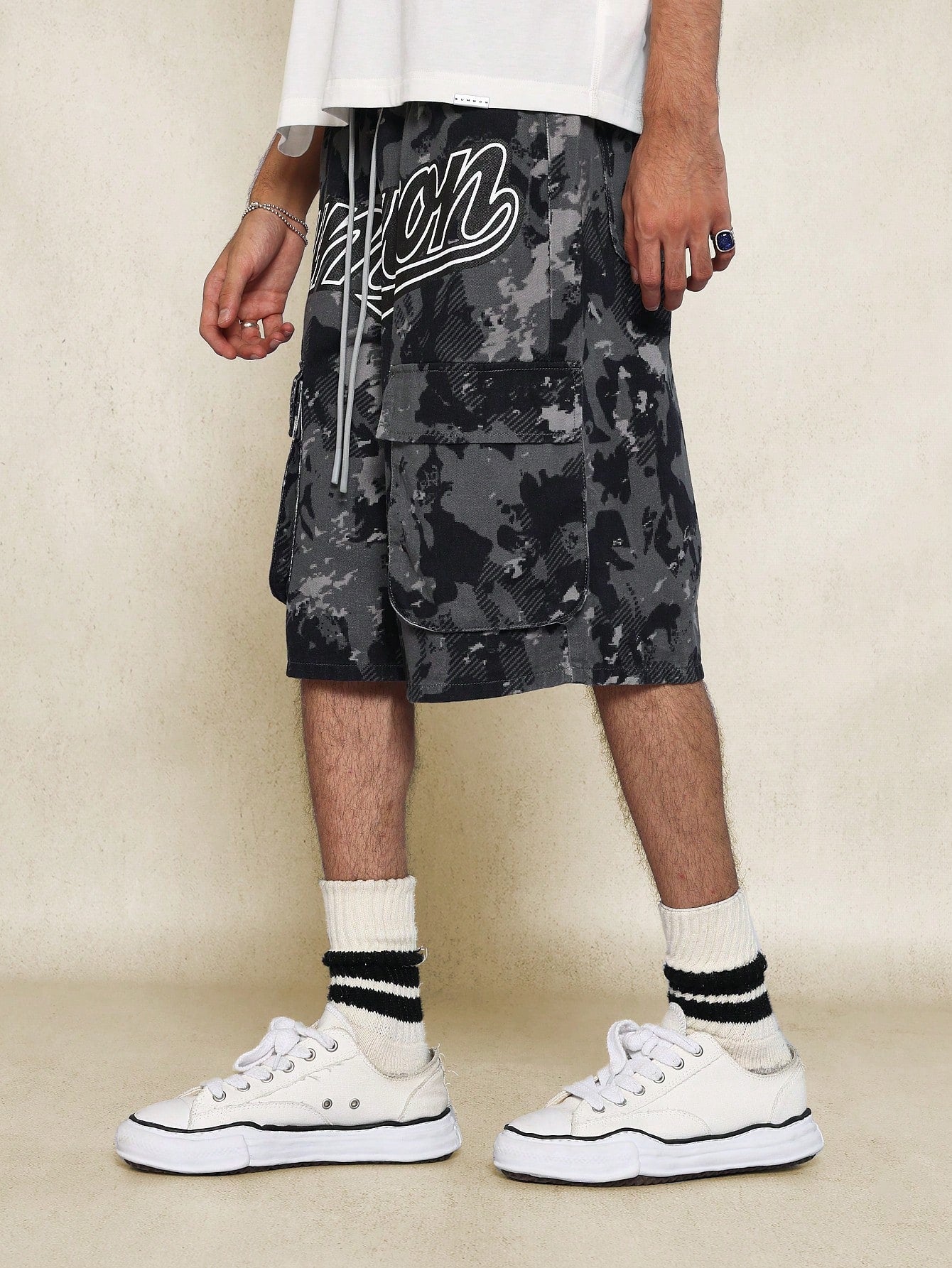 Drop Crotch Camouflage Cargo Jort With Graffiti Graphic Print