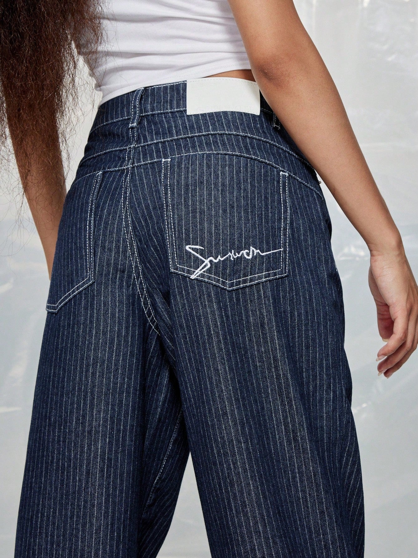 SUMWON WOMEN Straight Fit Pinstripe Small Embroidery Denim Jeans With Contrast Stitching Detail