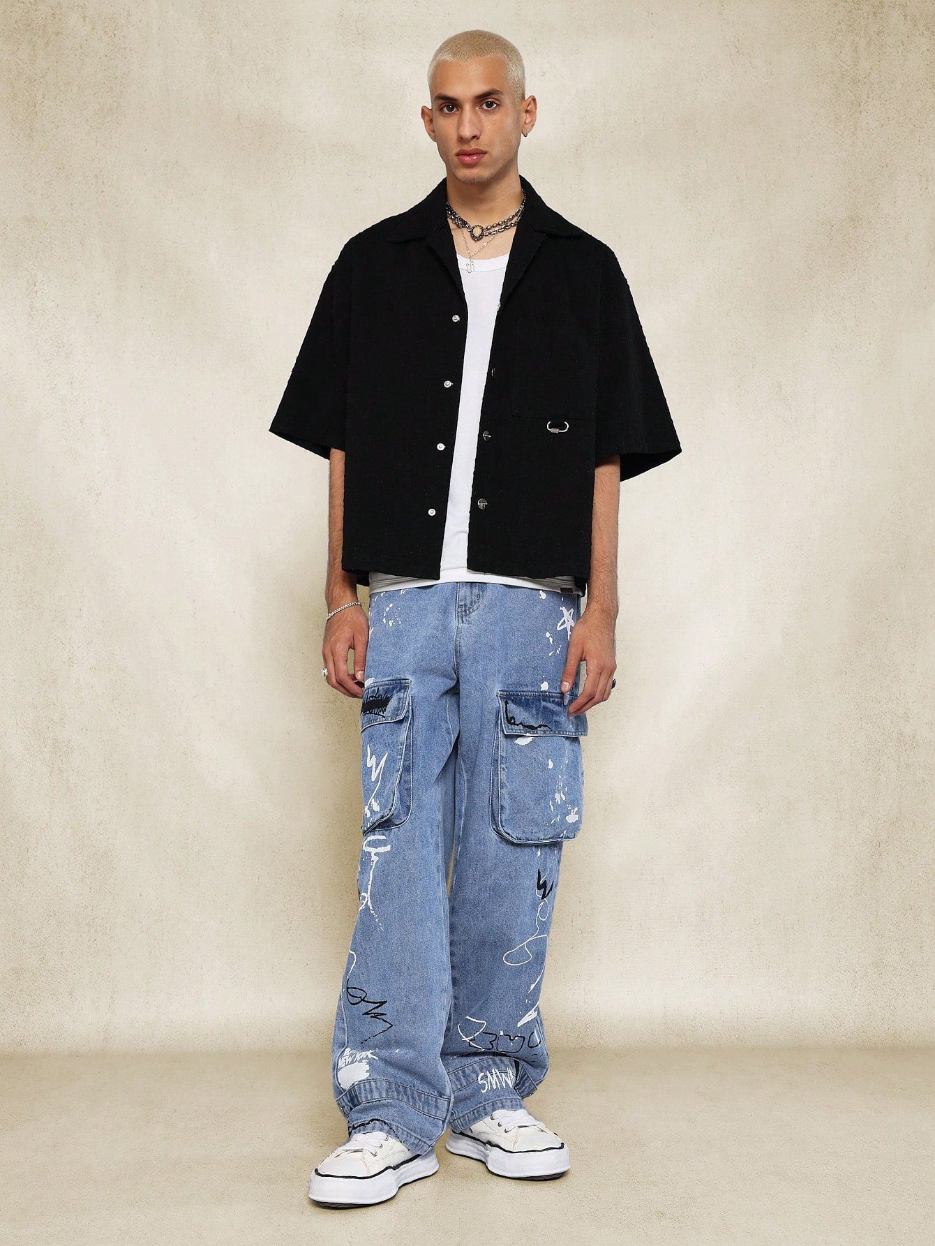 Flare Fit Cargo Jean With Graffiti And Paint Print