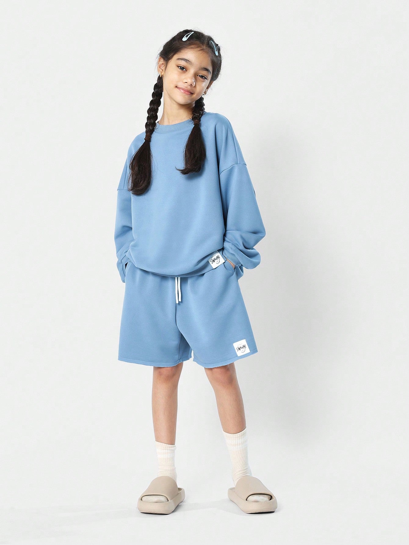 Tween Girls Oversized Fit Shirt And Raw Edge Short 2 Piece Essential Set