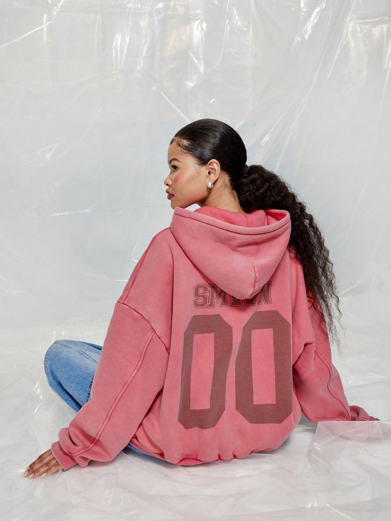 SUMWON WOMEN Washed Oversized Fit Overhead Hoodie With Kangaroo Pocket & Back Graphic Print