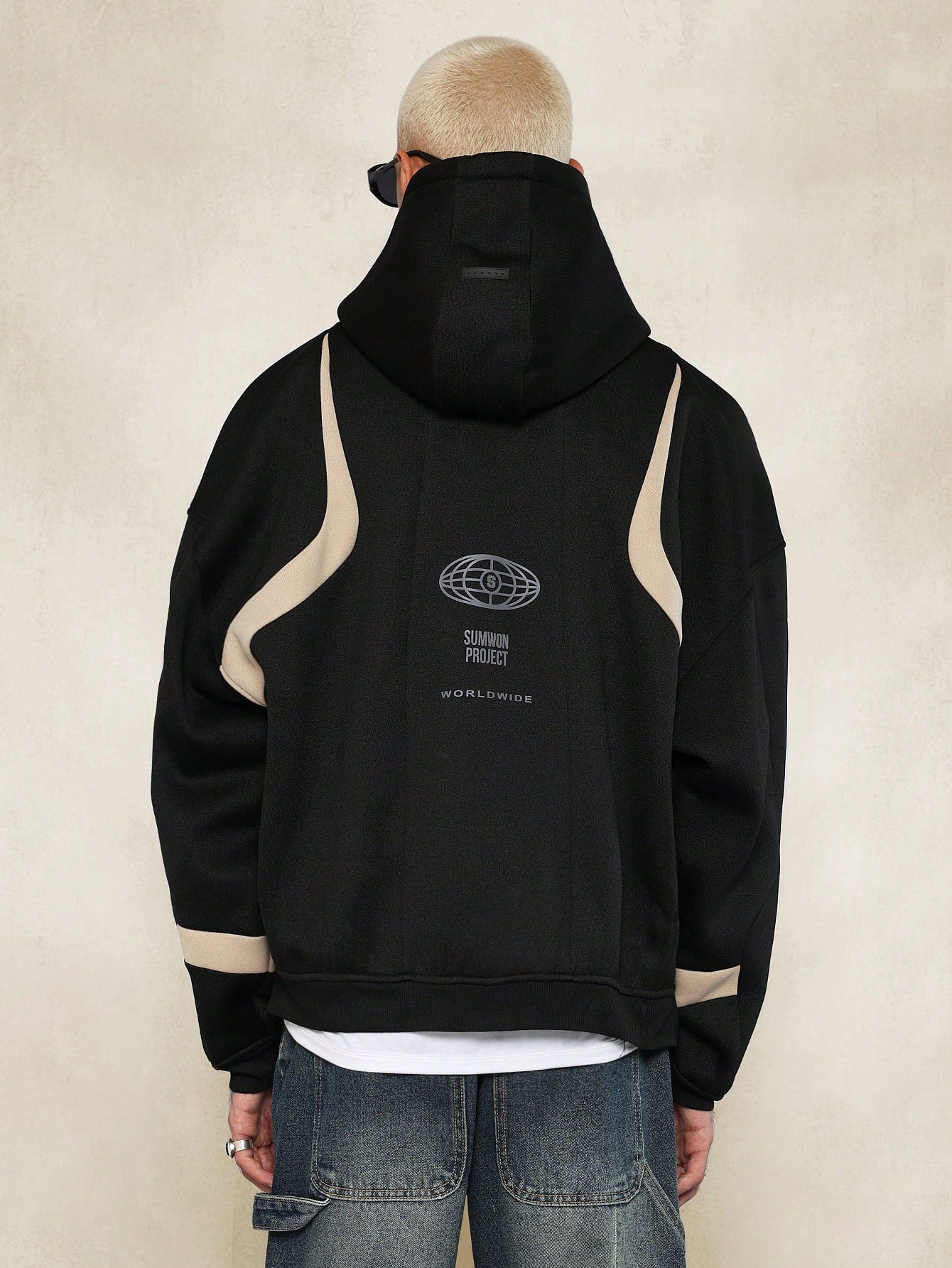 Multi Panel Colour Block Zip-Up Hoodie With Back Graphic Print