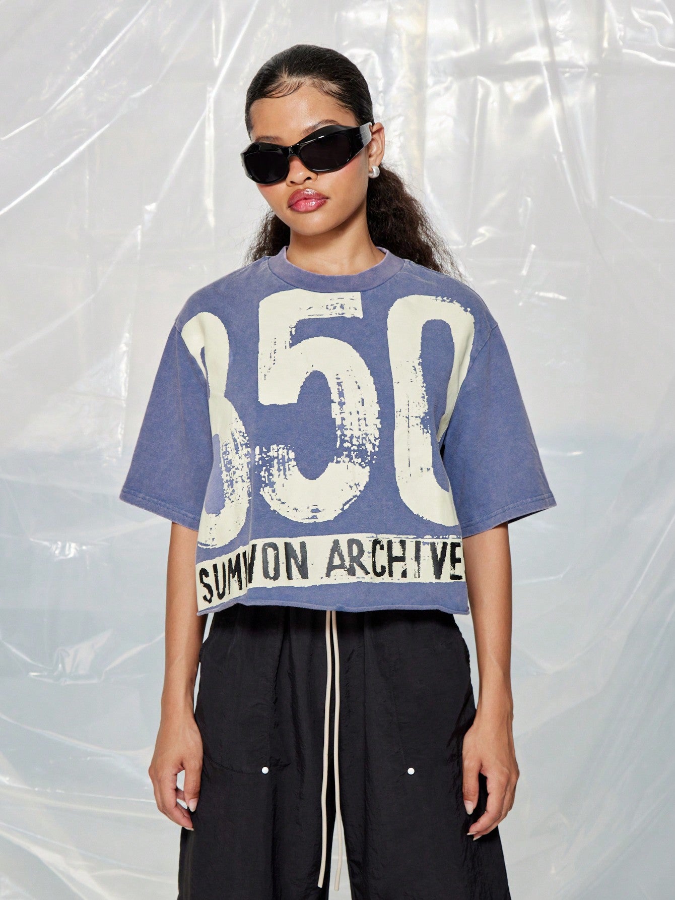 SUMWON WOMEN Washed Boxy Raw Edge Hem Tee With Large Graphic Print