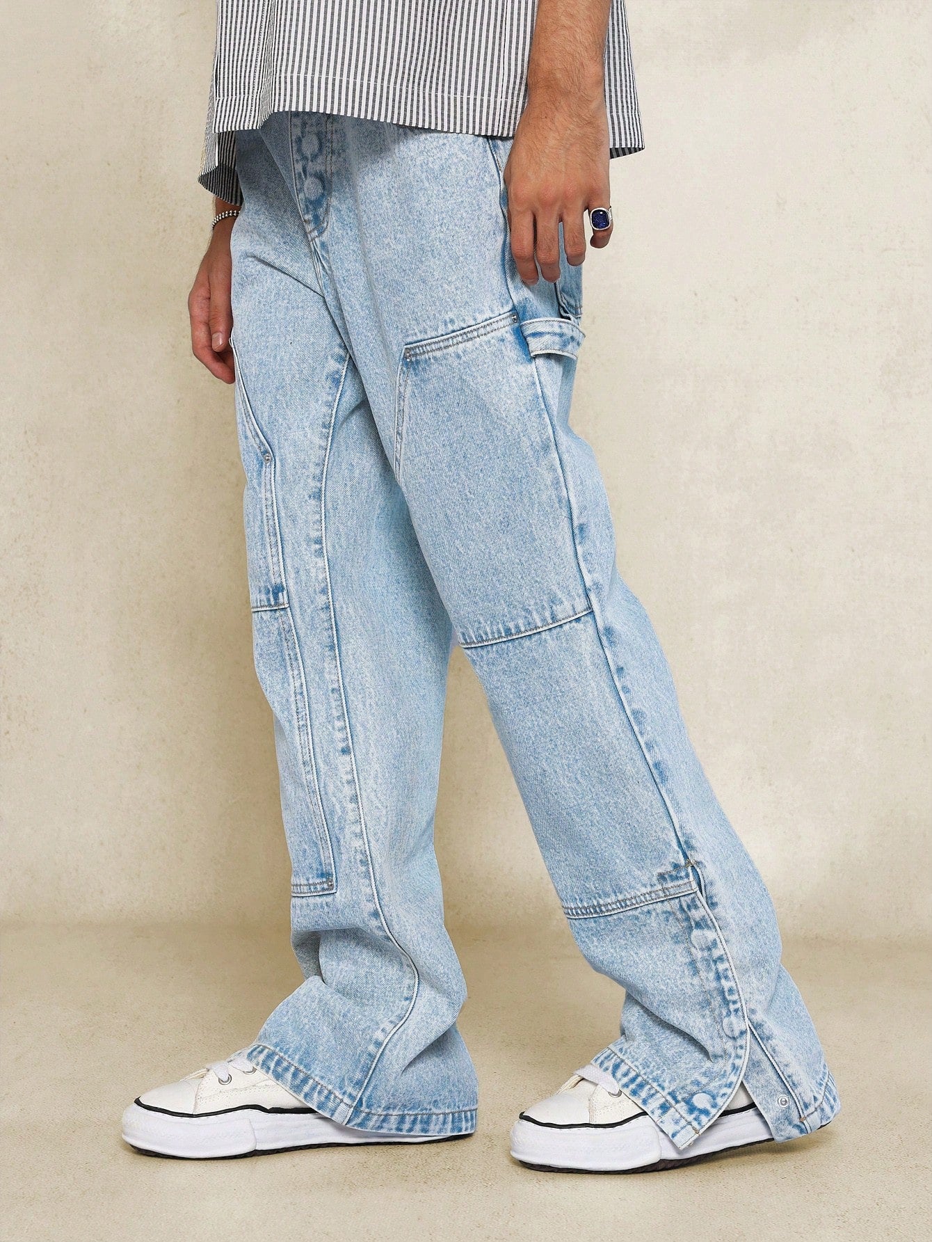 Washed Flare Fit Carpenter Denim Jean With Buttoned Side Split