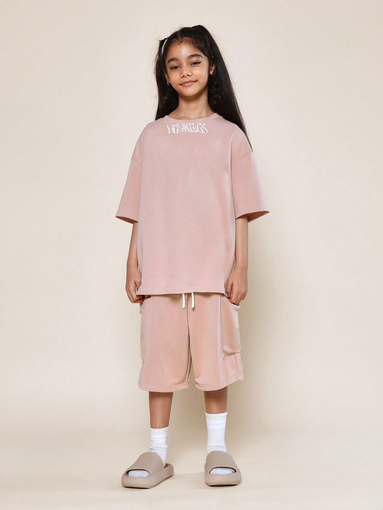 Tween Girls Oversized Fit Jersey Tee With Neck Letter Graphic Print And Drop Crotch Jort 2 Piece Set