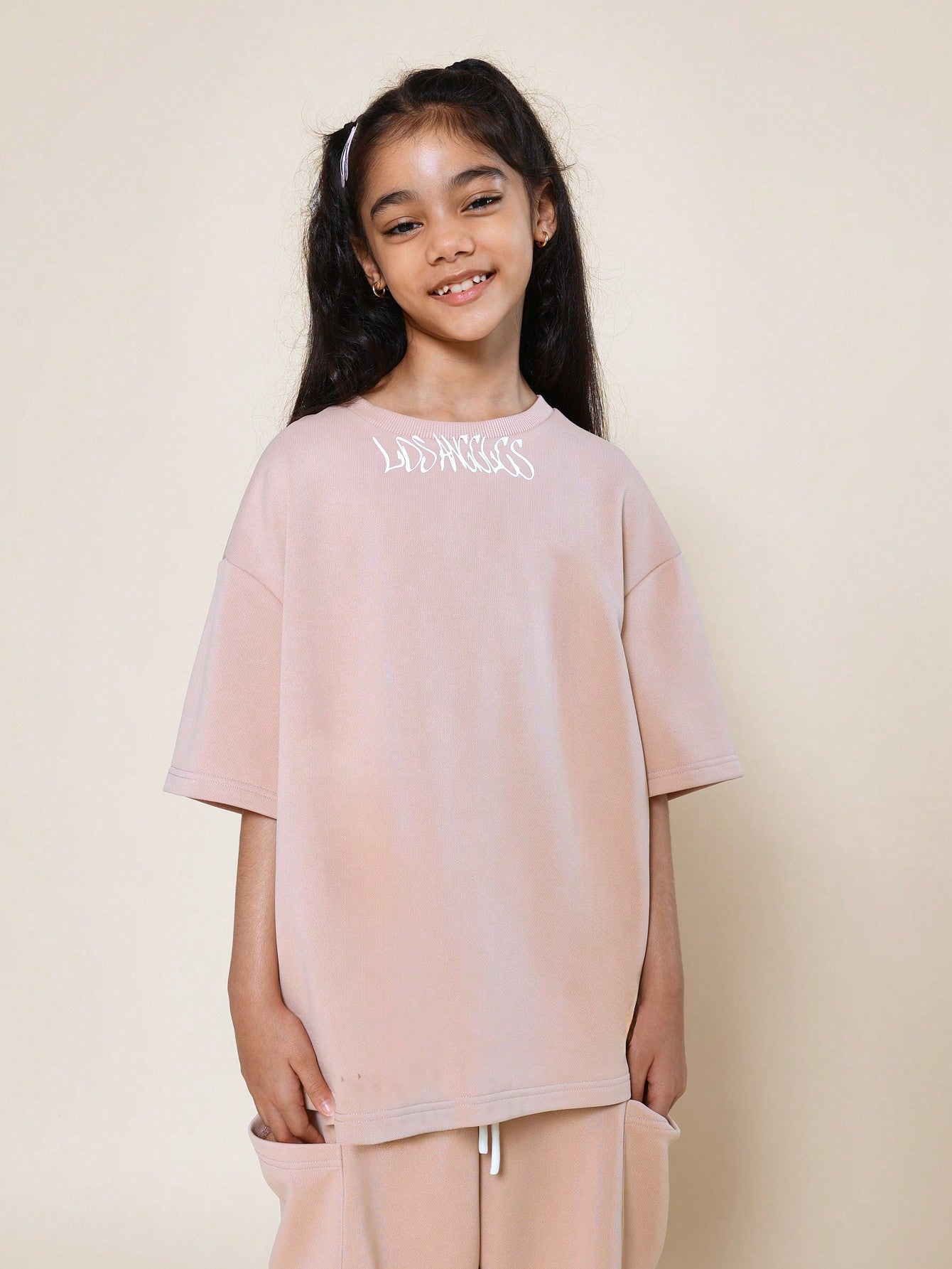 Tween Girls Oversized Fit Jersey Tee With Neck Letter Graphic Print And Drop Crotch Jort 2 Piece Set