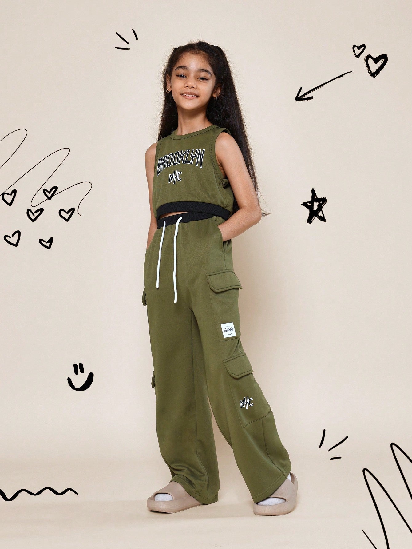 Tween Girls Crop Fit Tank Top And Cargo Pant With Brooklyn Graphic Print 2 Piece Set