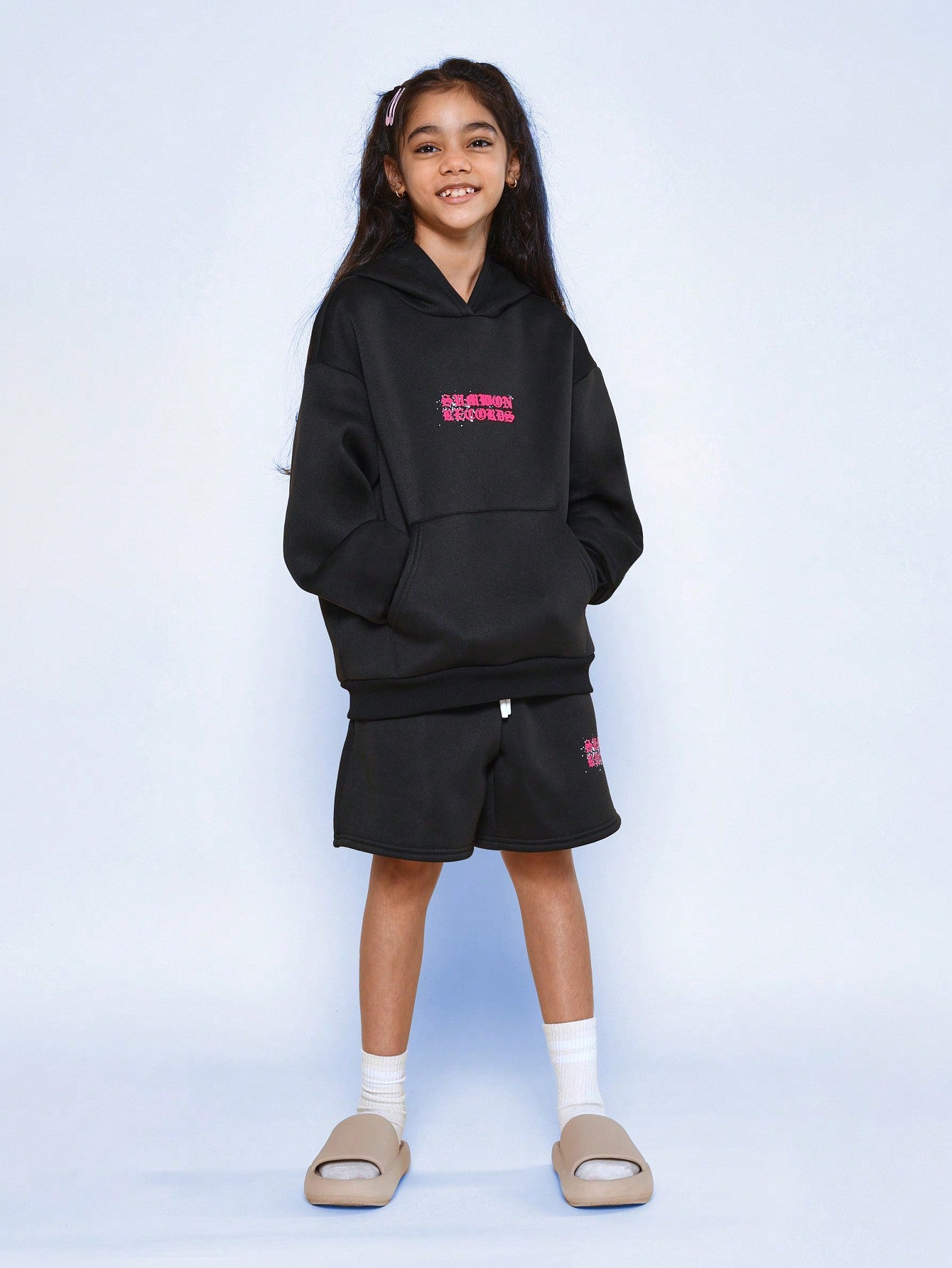 Tween Girls Overhead Hoodie And Drop Crotch Short With Graffiti Graphic Print 2 Piece Set