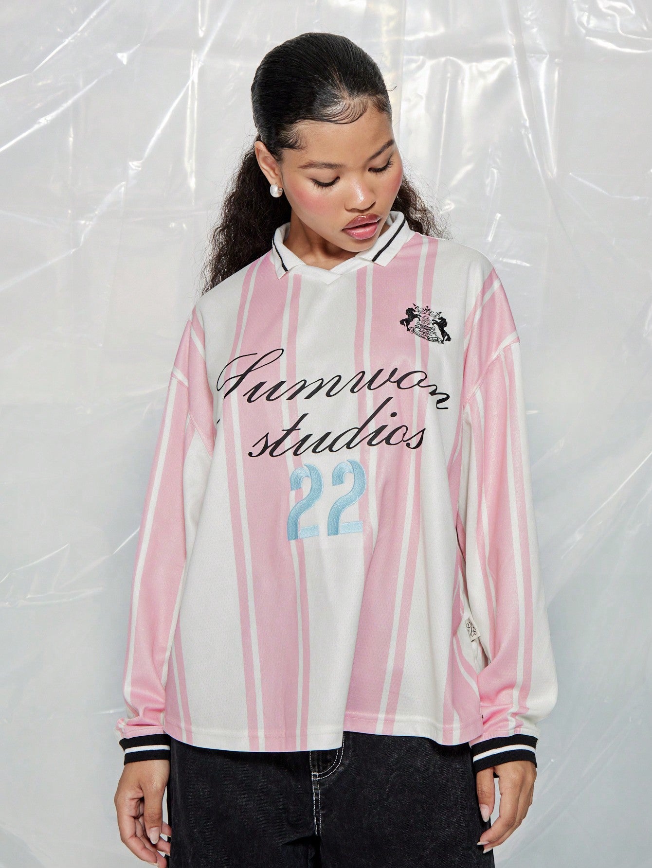 SUMWON WOMEN Long Sleeve Football Stripe Tee With Embroidery & Graphic Print