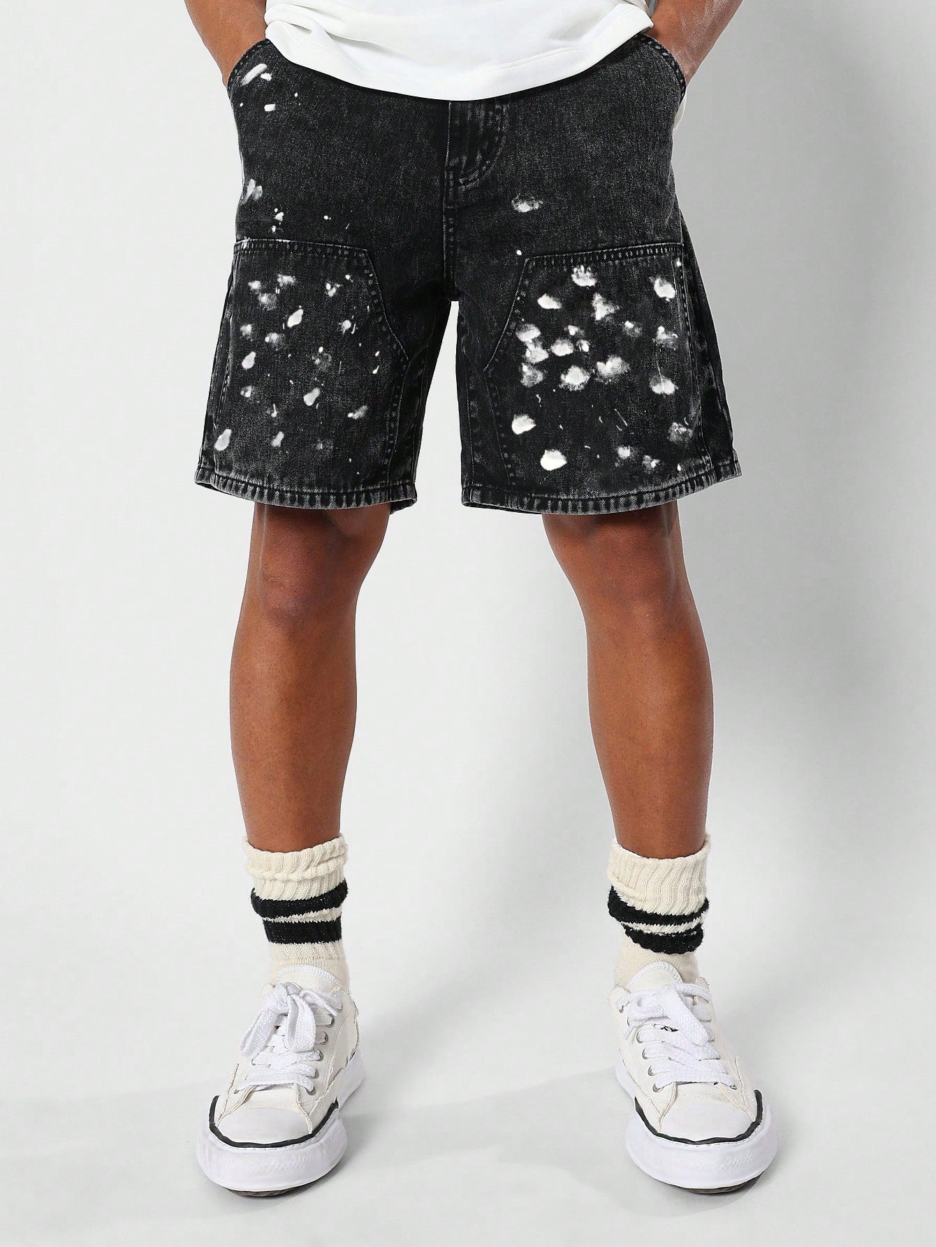 Washed Workwear Denim Short With Splatter Paint