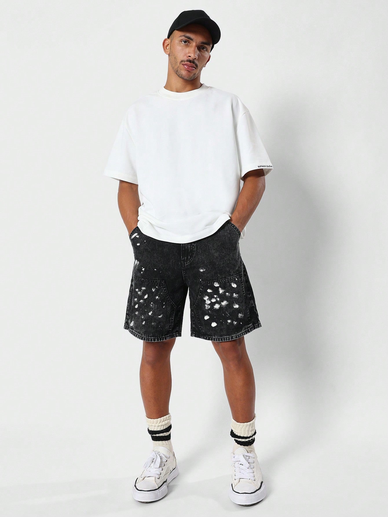 Washed Workwear Denim Short With Splatter Paint