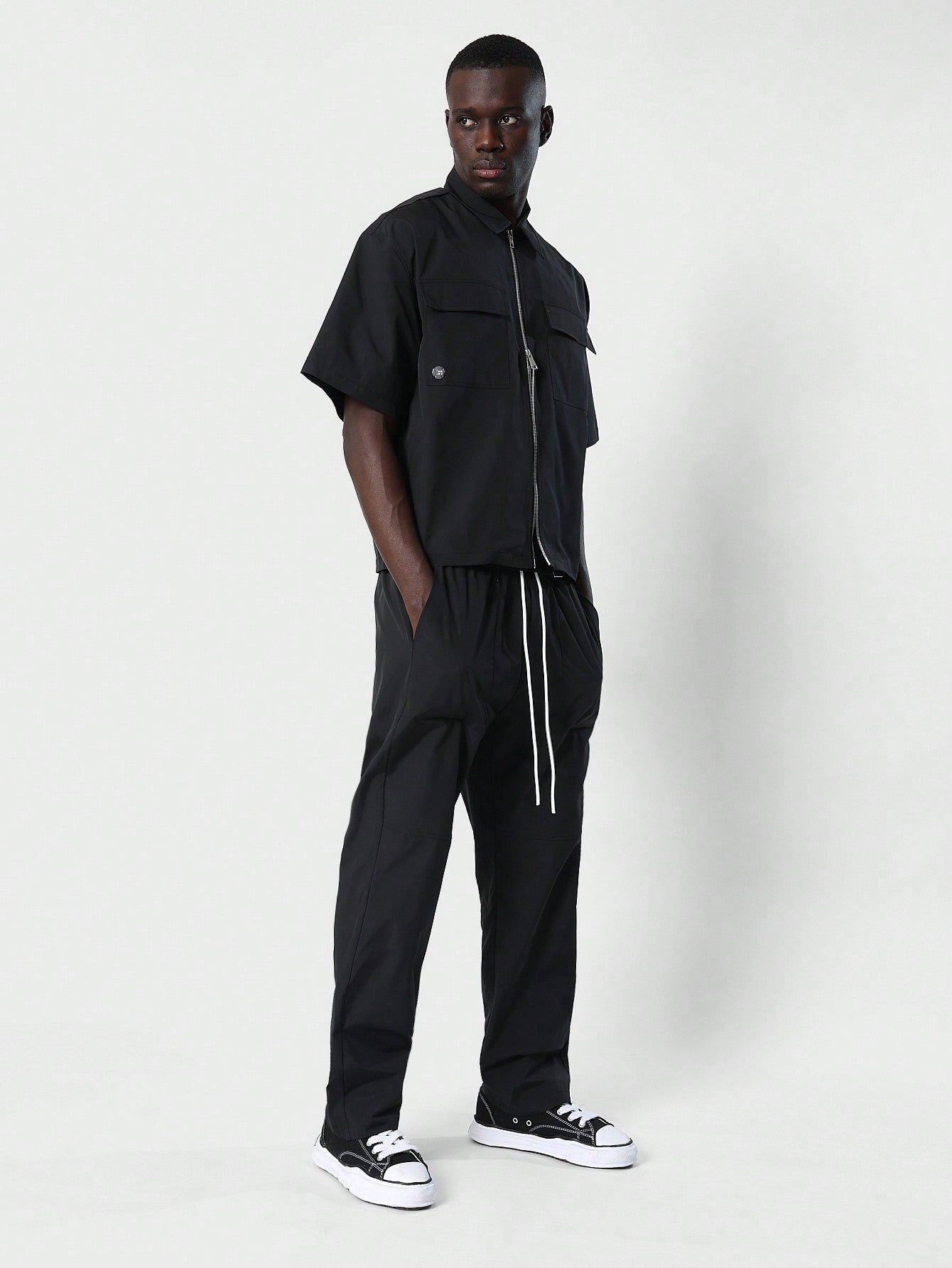 Boxy Fit Nylon Zip Through Utility Shirt And Trouser 2 Piece Set