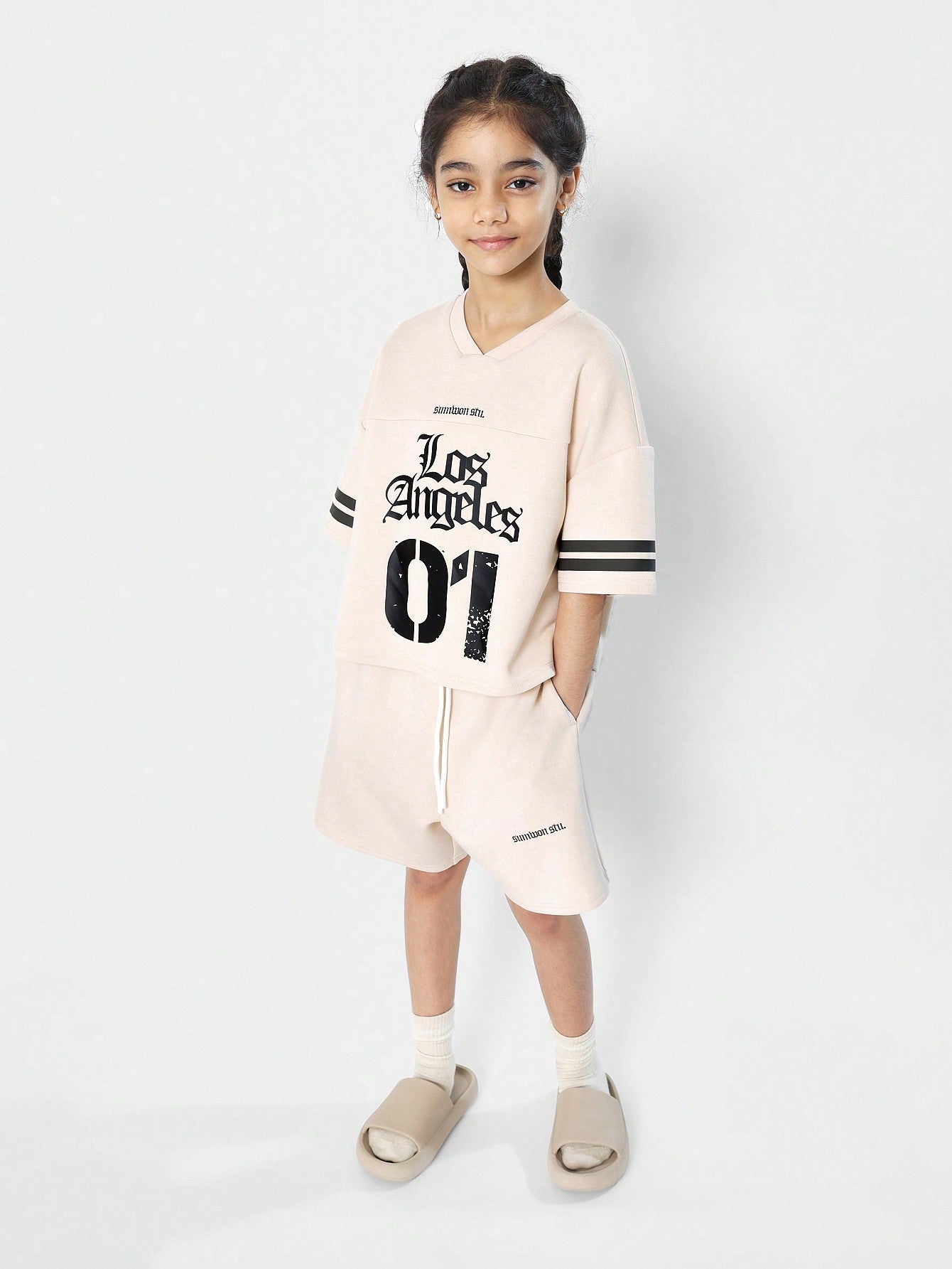 Tween Girls Boxy Fit Baller Tee And Short With Los Angeles & Number Graphic Print 2 Piece Set