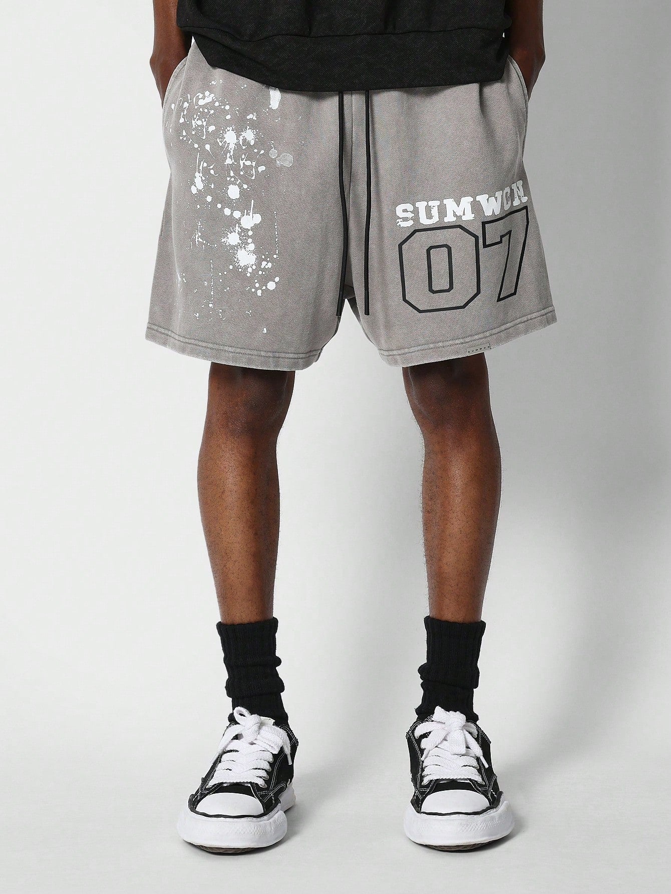 Drop Crotch Short With Splatter Paint & Number Graphic Print