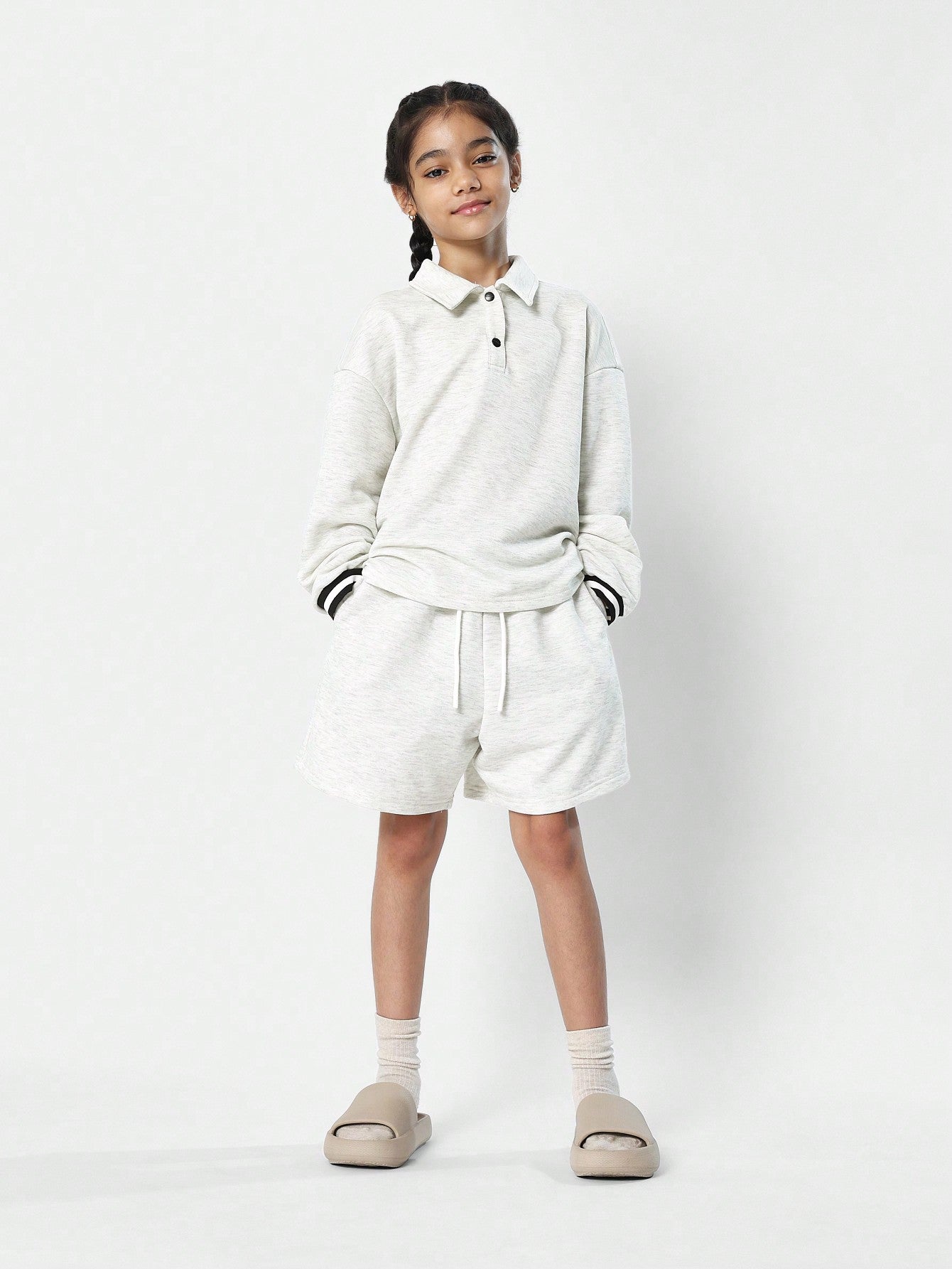 Tween Girls Long Sleeve Polo Shirt And Short With Stripe Cuff & Waistband 2 Piece Set