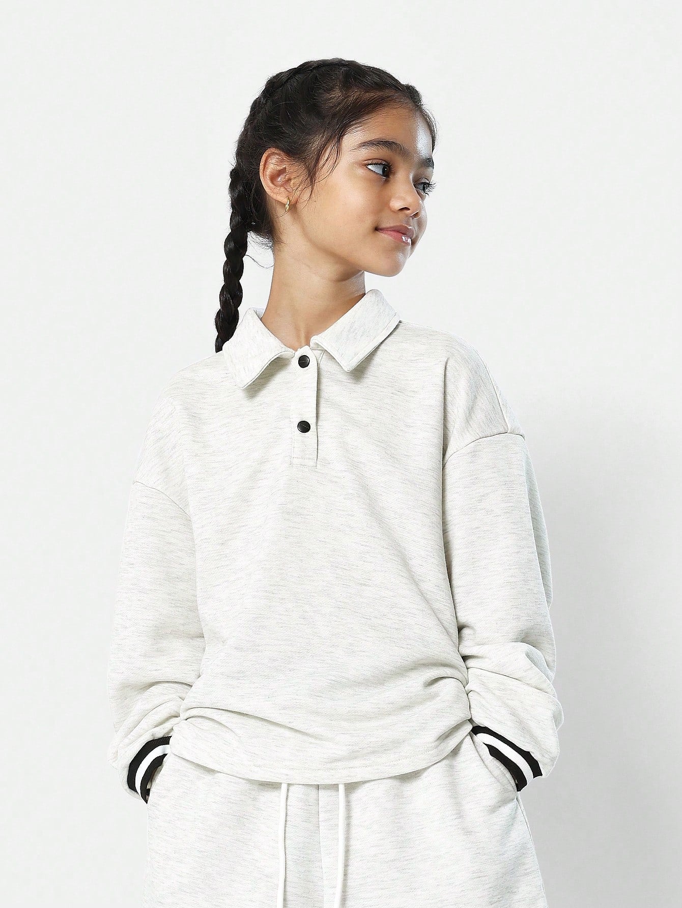 Tween Girls Long Sleeve Polo Shirt And Short With Stripe Cuff & Waistband 2 Piece Set