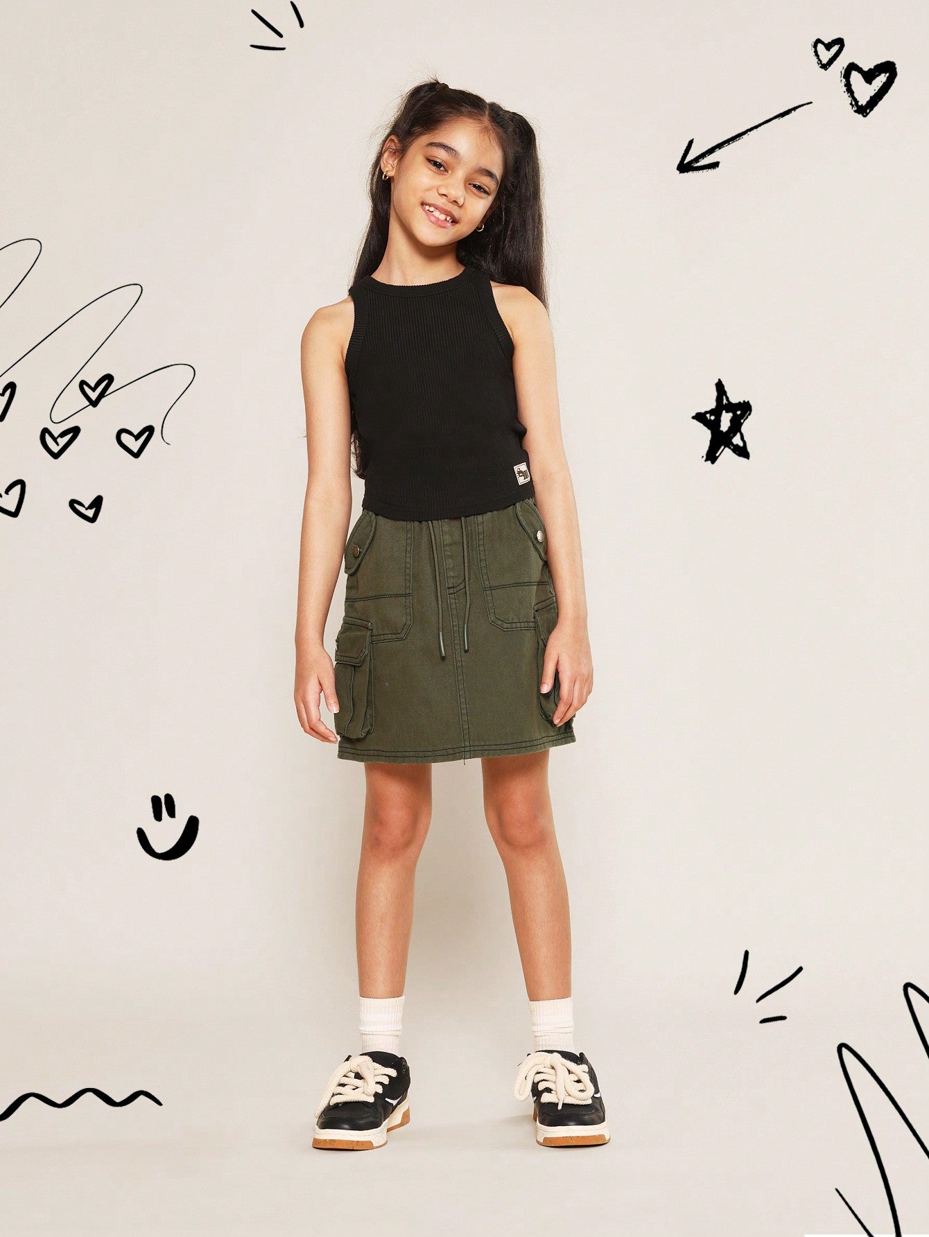 Tween Girls Denim Rib Tank Top And Cargo Skirt 2 Piece Set