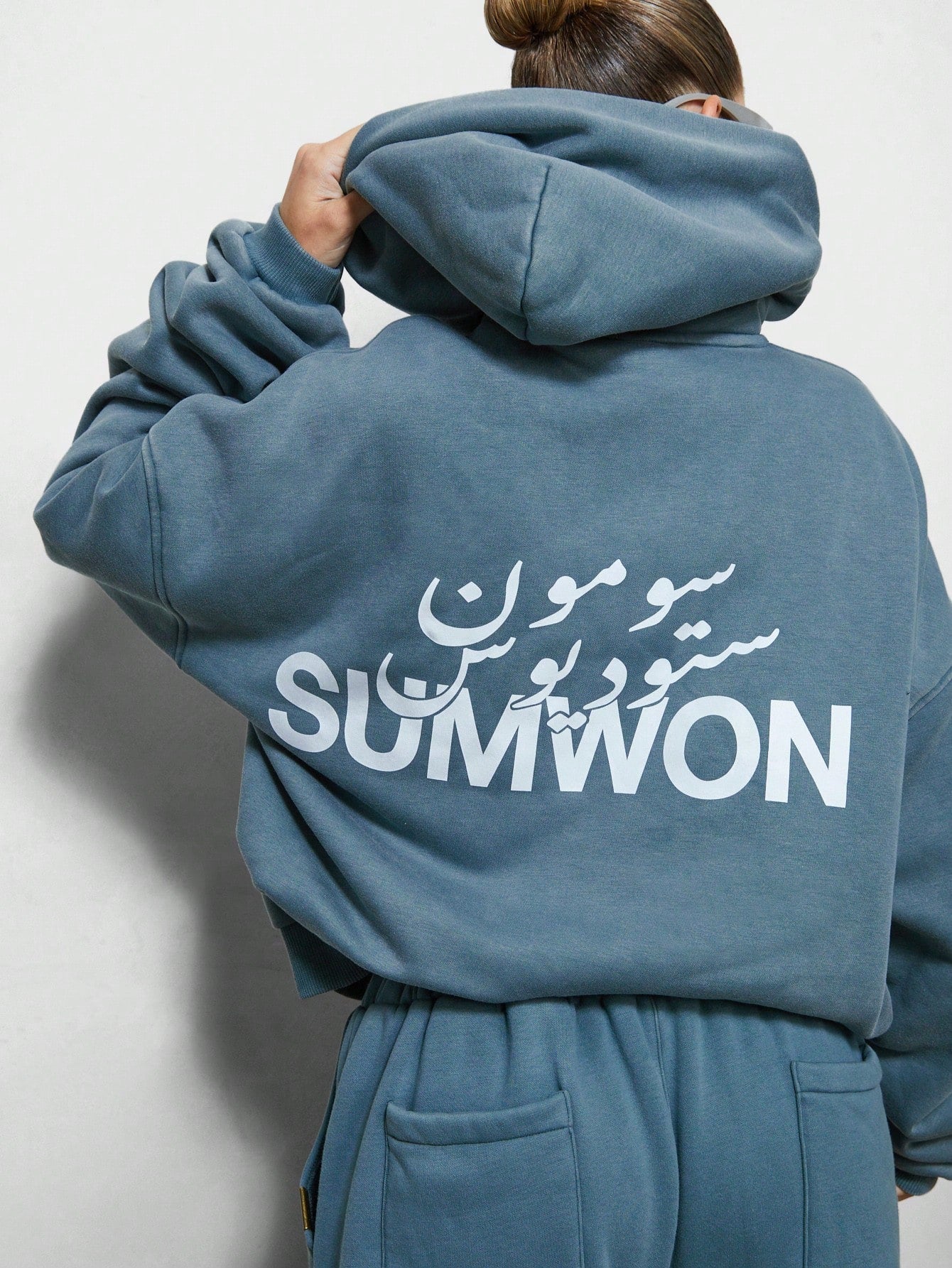 SUMWON WOMEN Oversized Fit Washed Ruched Sleeve Hoodie With Arabic Letter Graphic Print