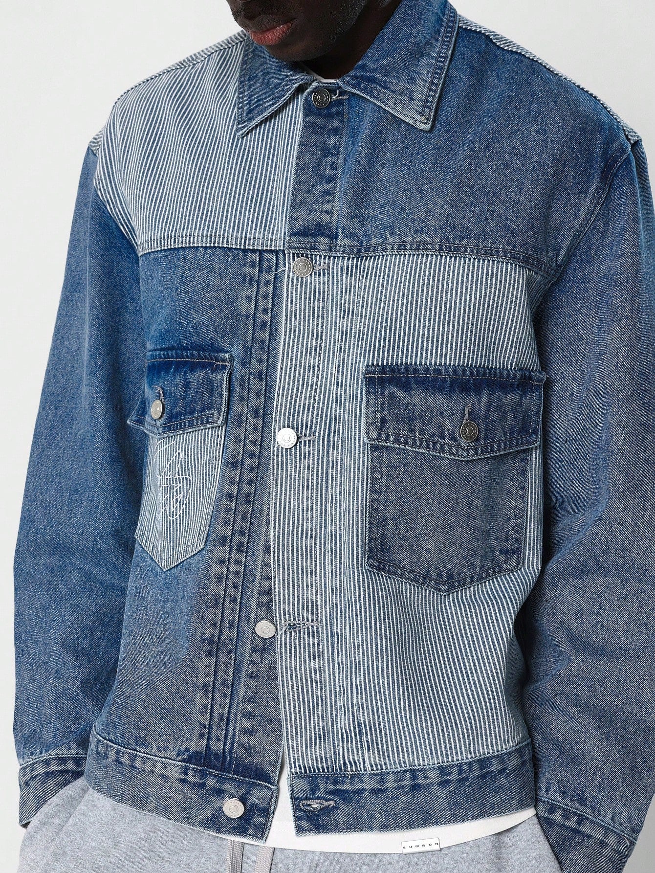 Patchwork Stripe Denim Jacket With Embroidered Print