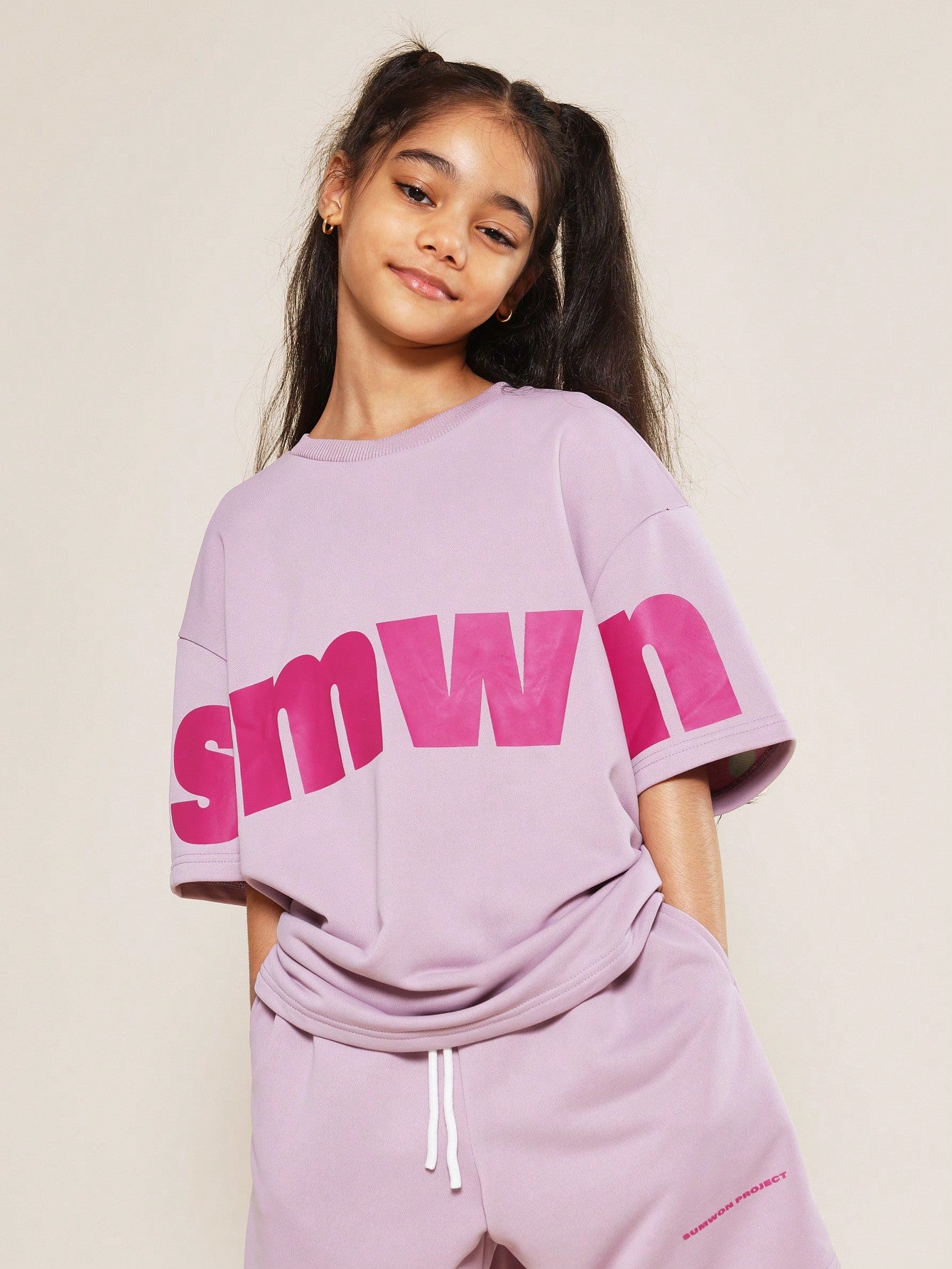 Tween Girls Oversized Tee And Short With Letter Graphic Print 2 Piece Set