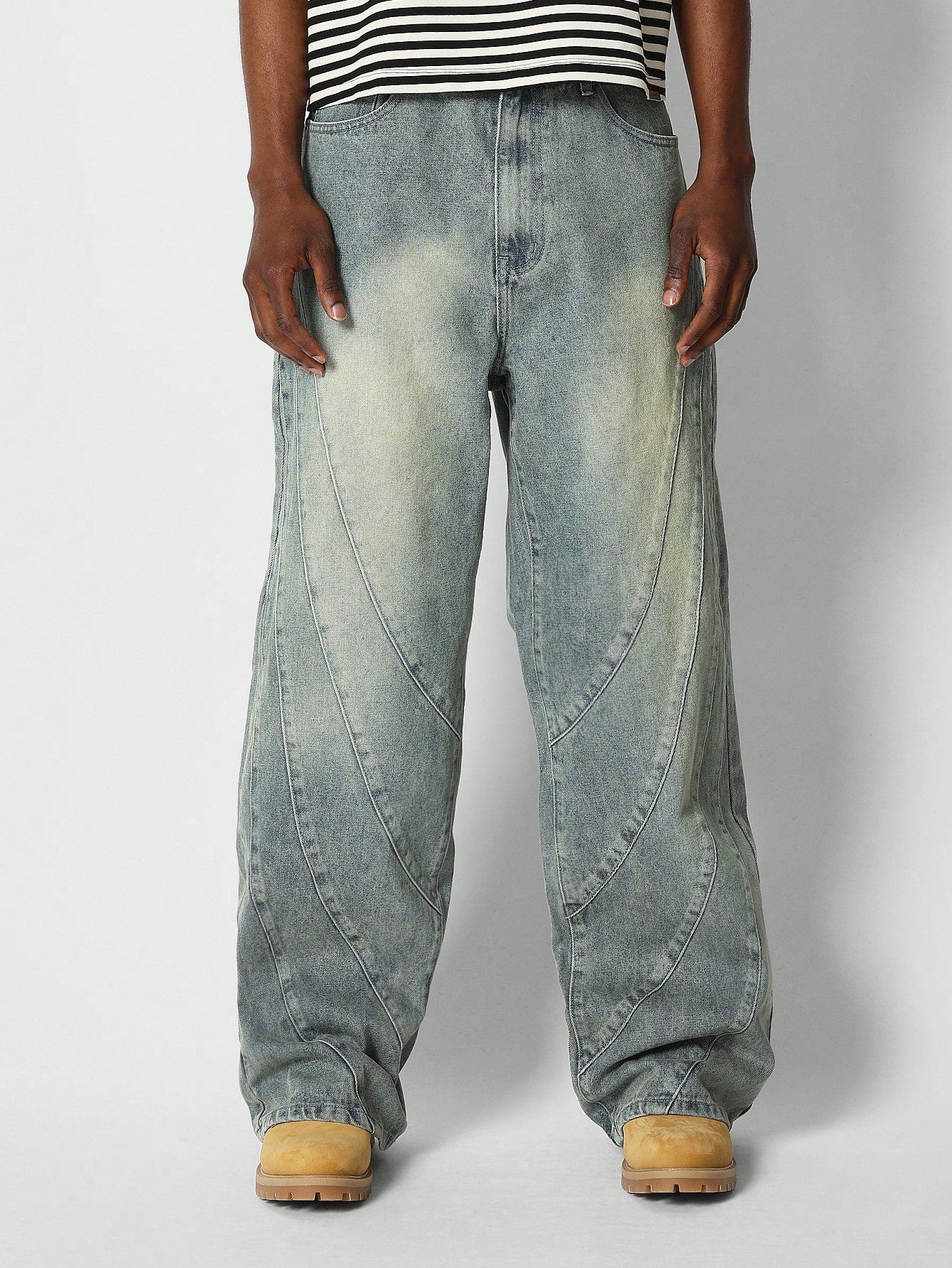 Loose Fit Faded Jean With Panelled Seam And Letter Graphic Print