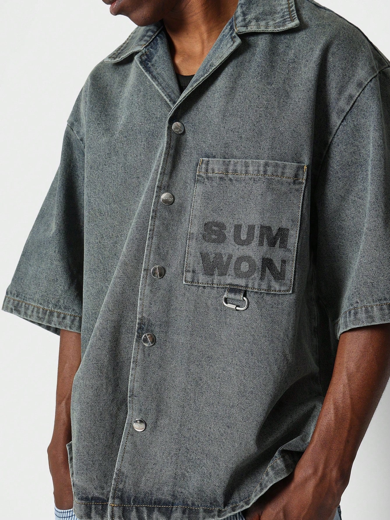 Boxy Fit Revere Denim Shirt With Pocket Graphic & Back Number Graphic